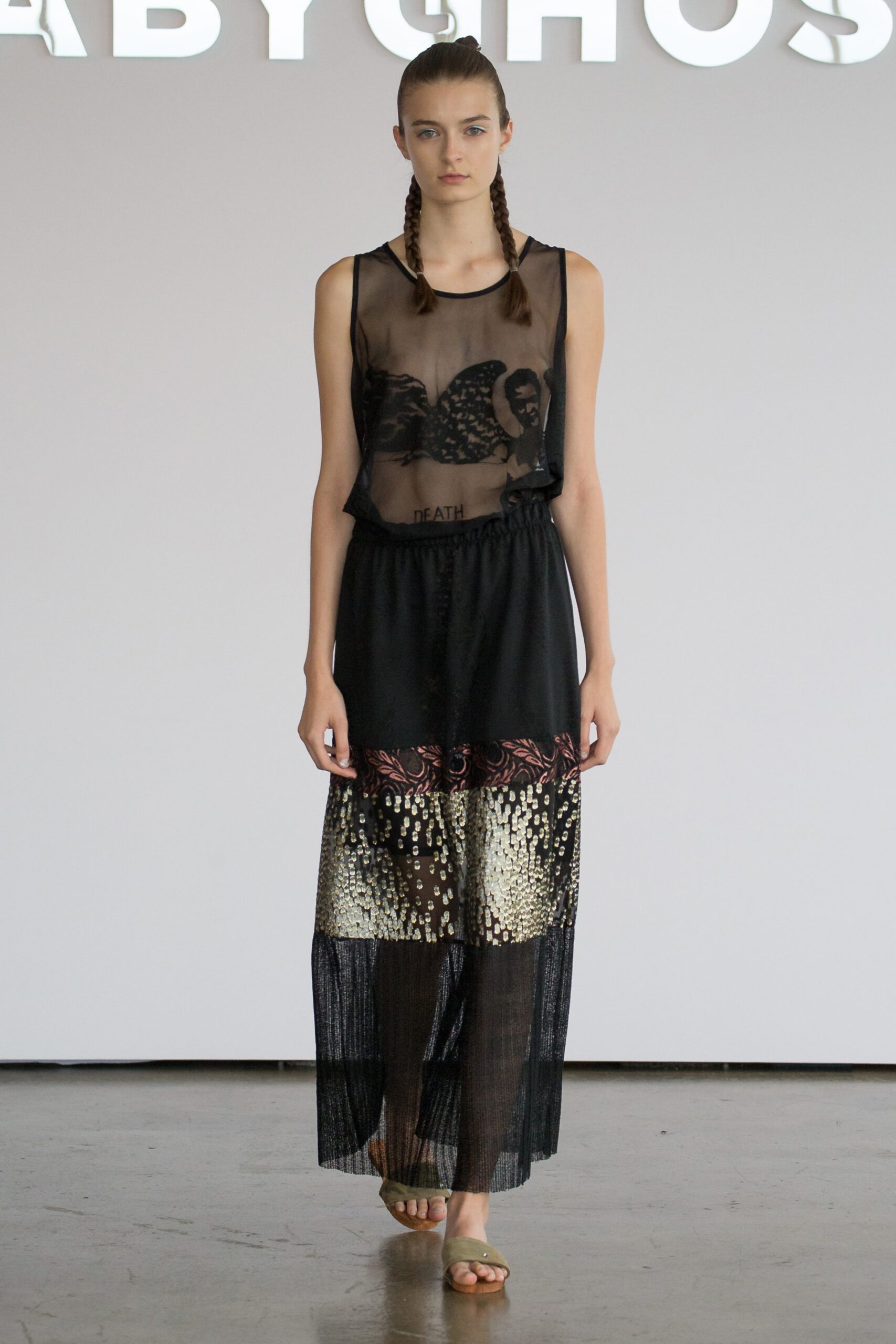 black mesh top with pleated skirt