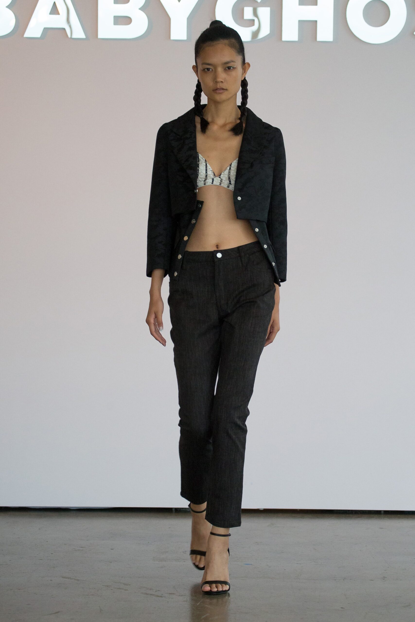 black fitted jacket with striped top