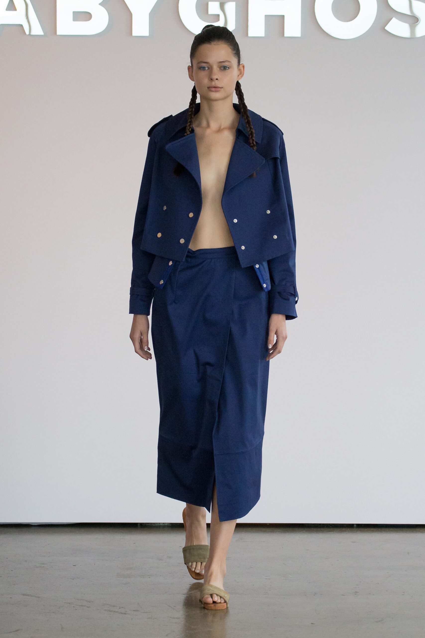 blue cotton jacket and skirt