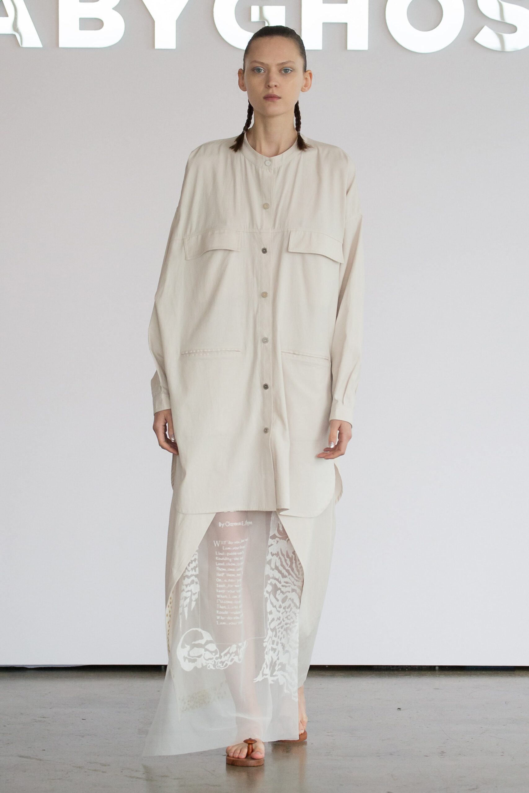 beige shirt-dress with white chiffon skirt