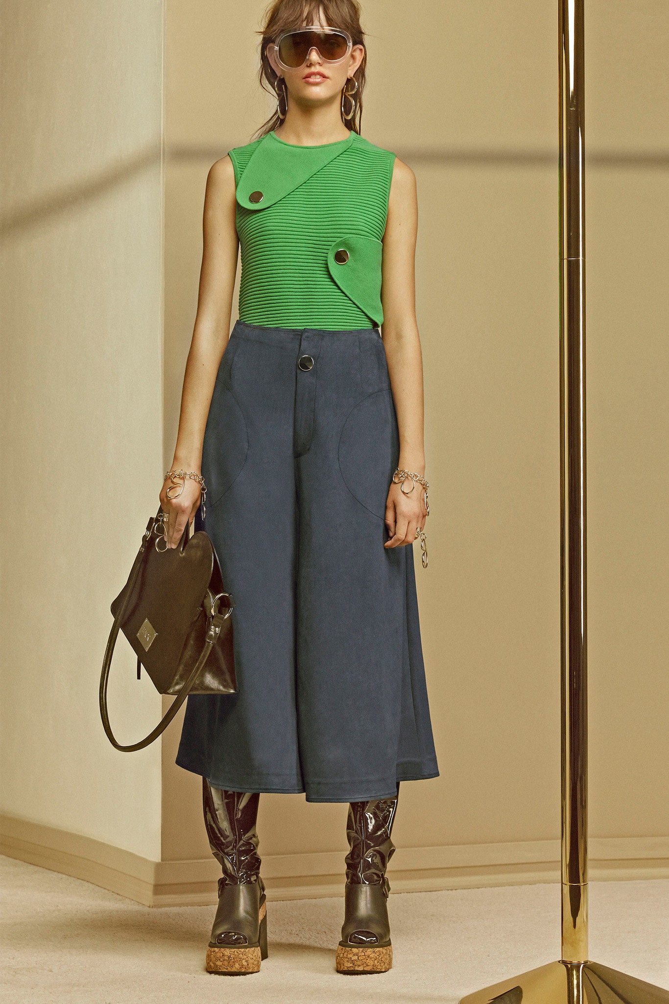 green fitted top with culottes