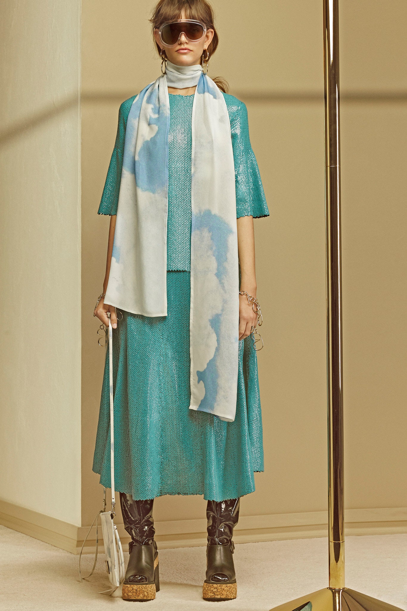 blue silk pleated midi dress