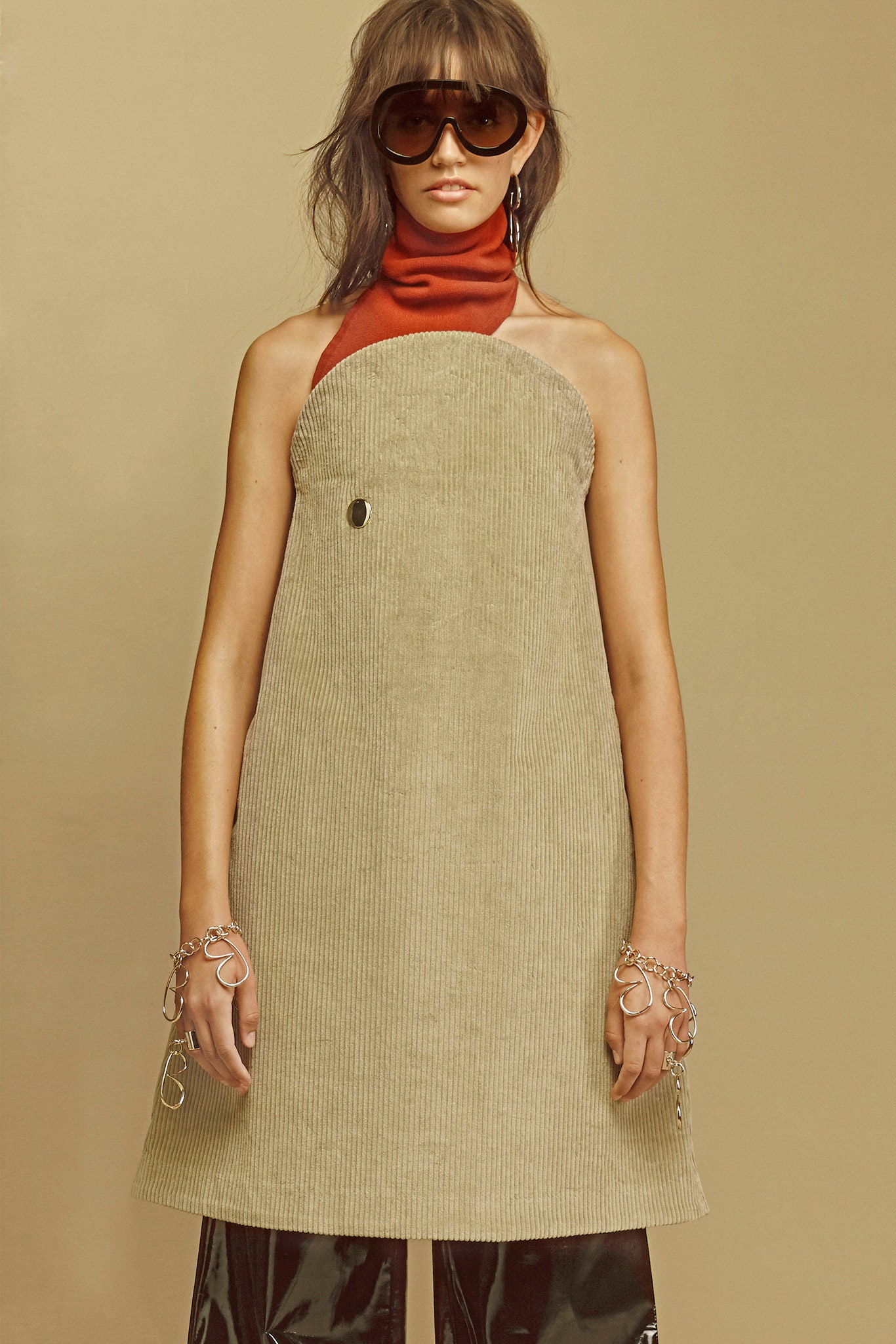 beige a-line sleeveless dress with red top