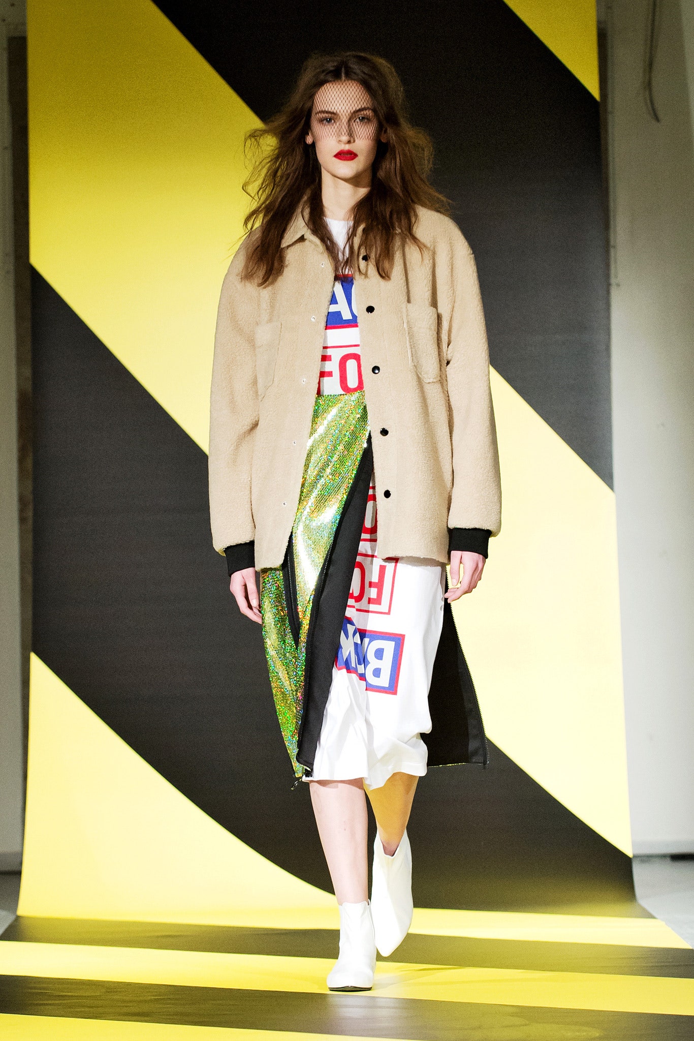 beige wool coat white dress