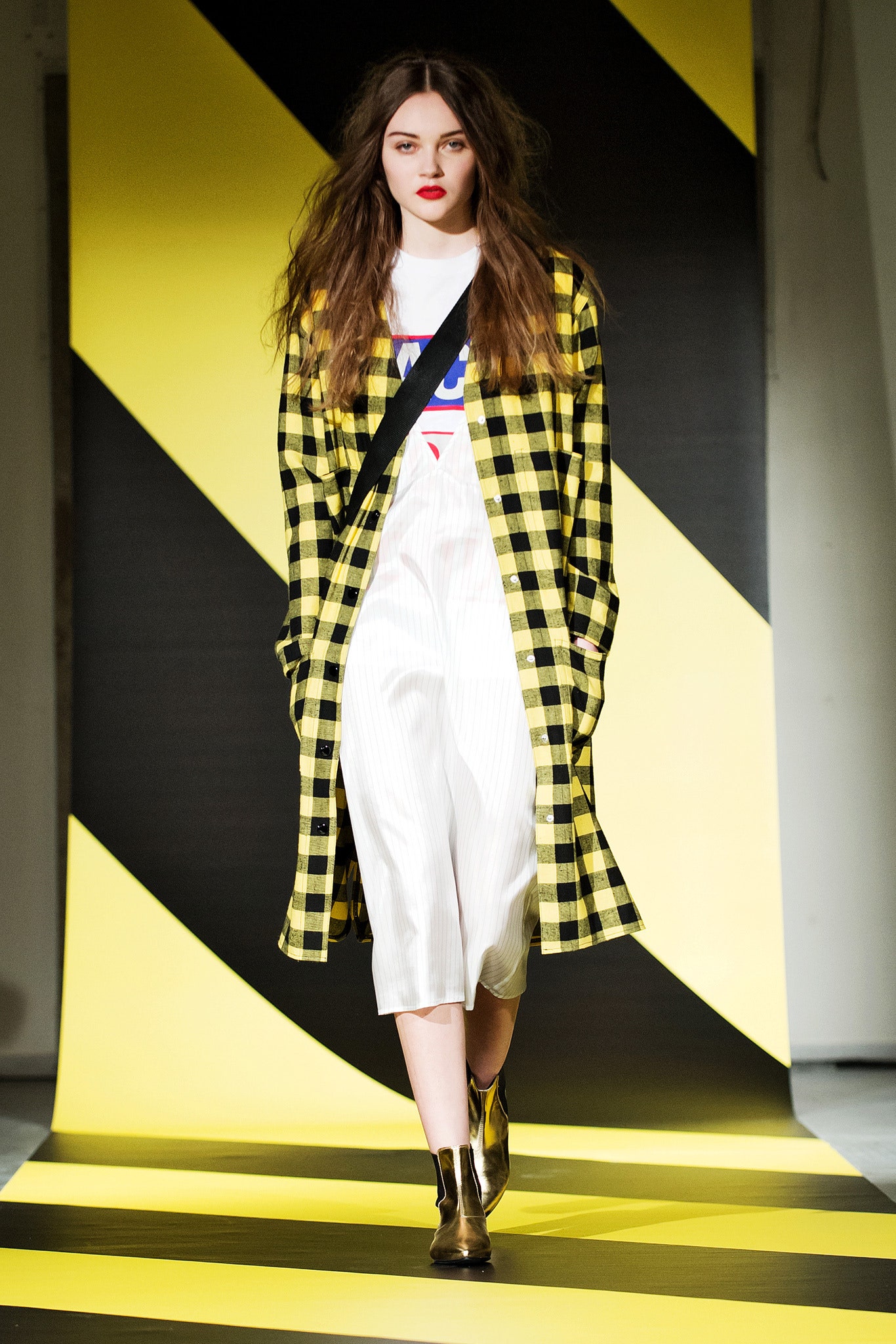 yellow black checked coat with culottes