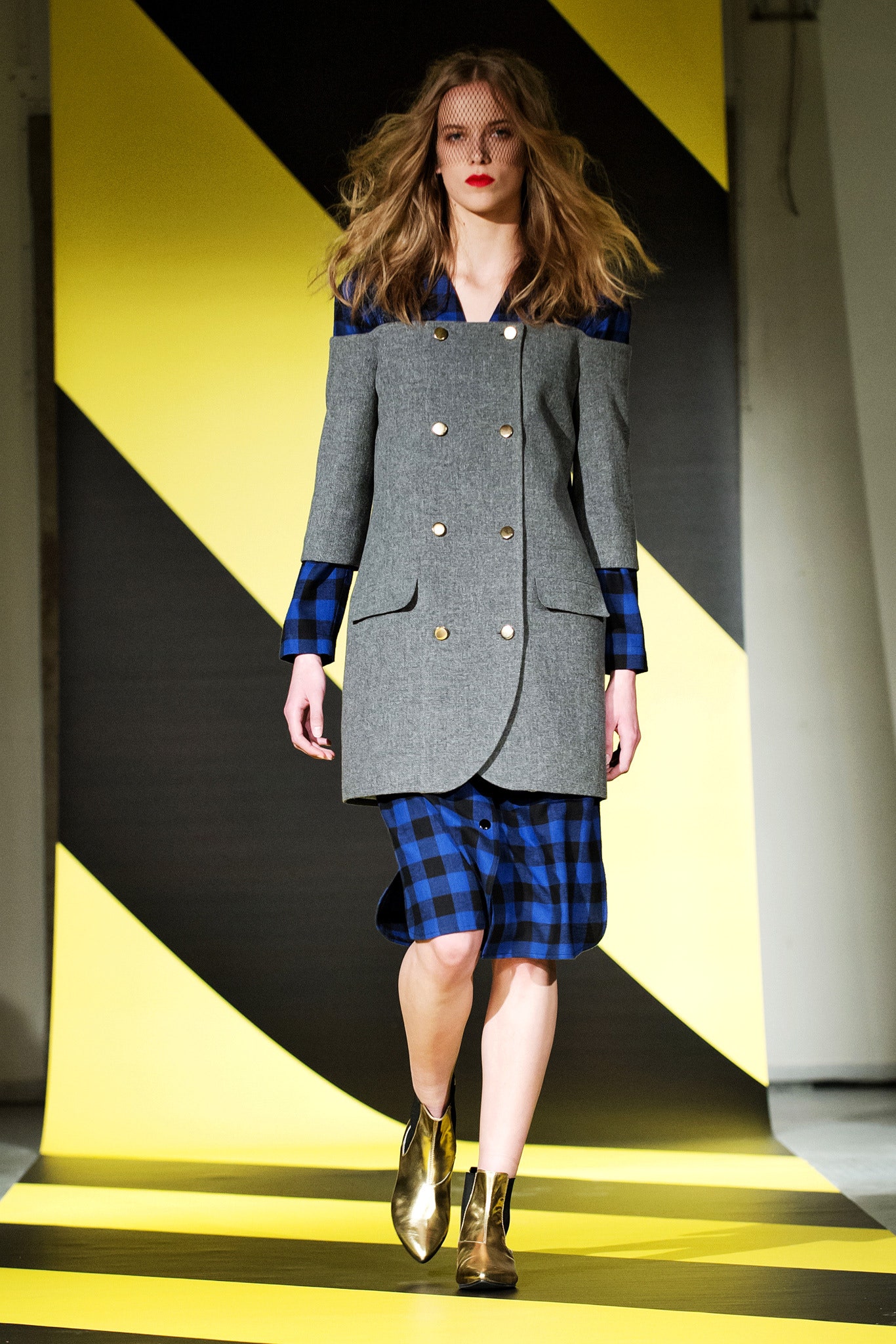 gray tailored blazer with blue dress