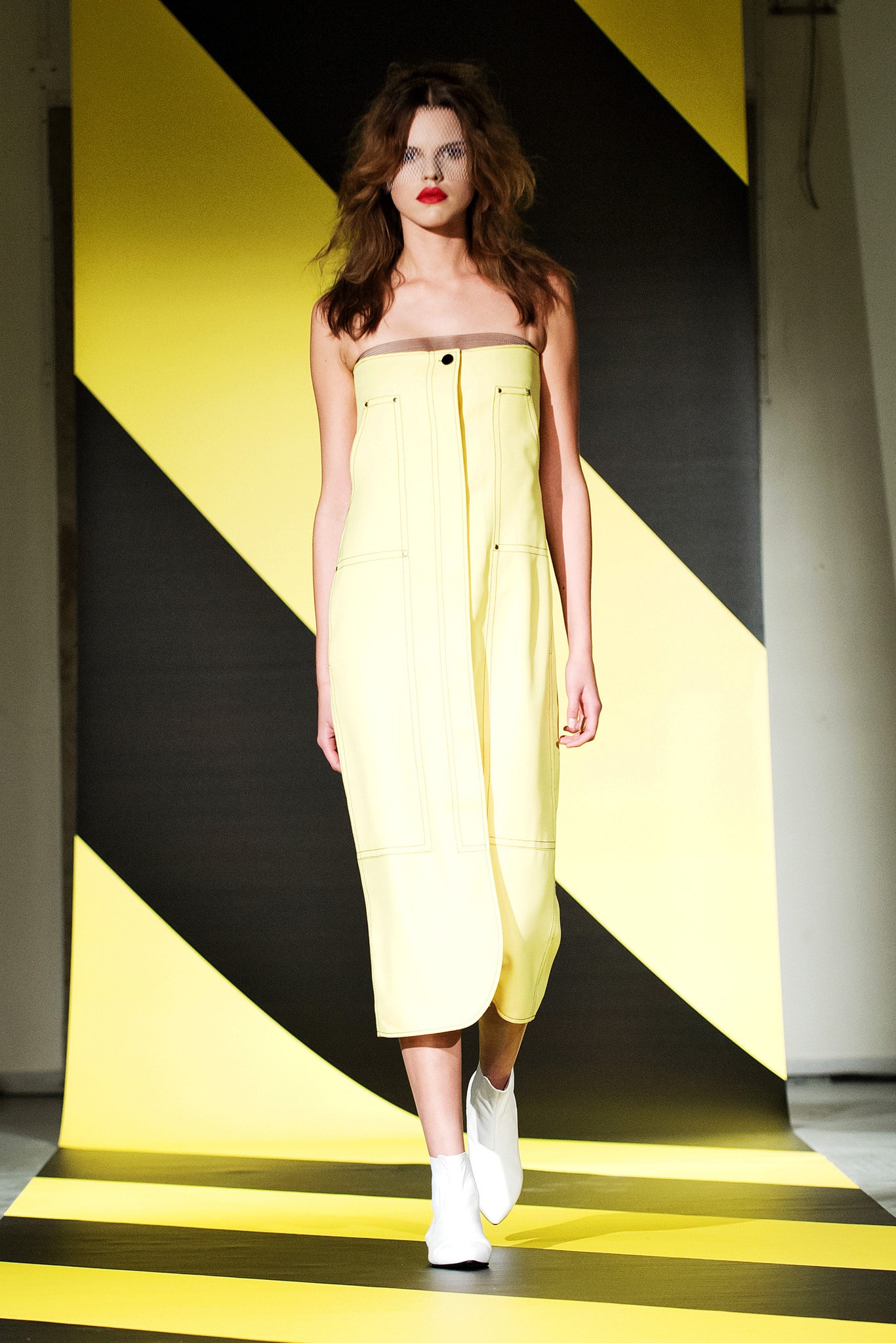 fitted yellow leather strapless dress