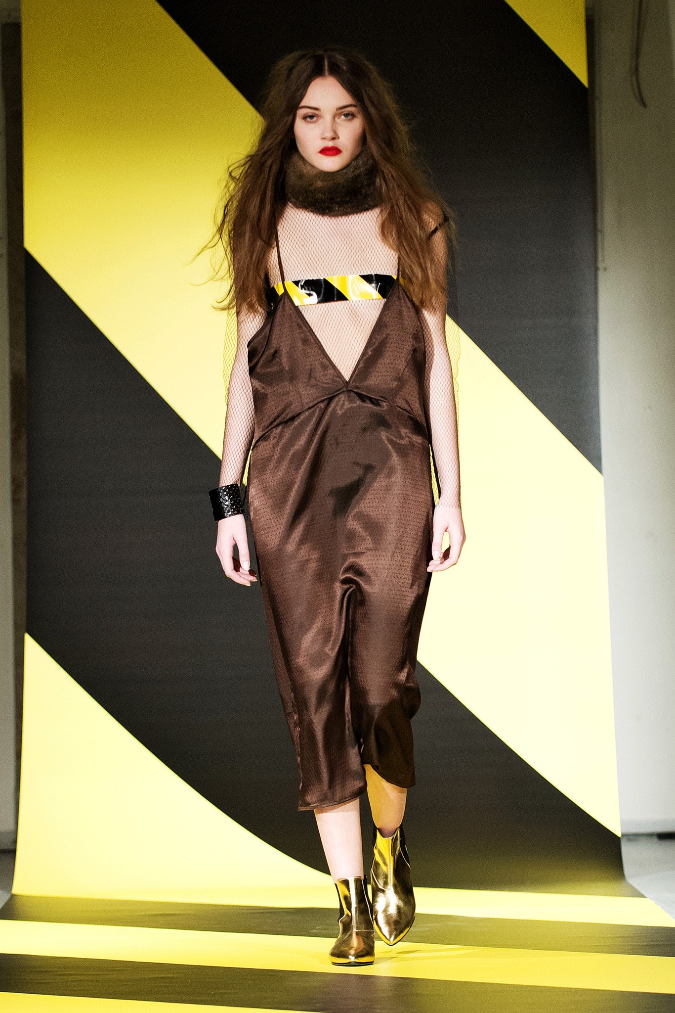 brown silk midi dress with mesh top