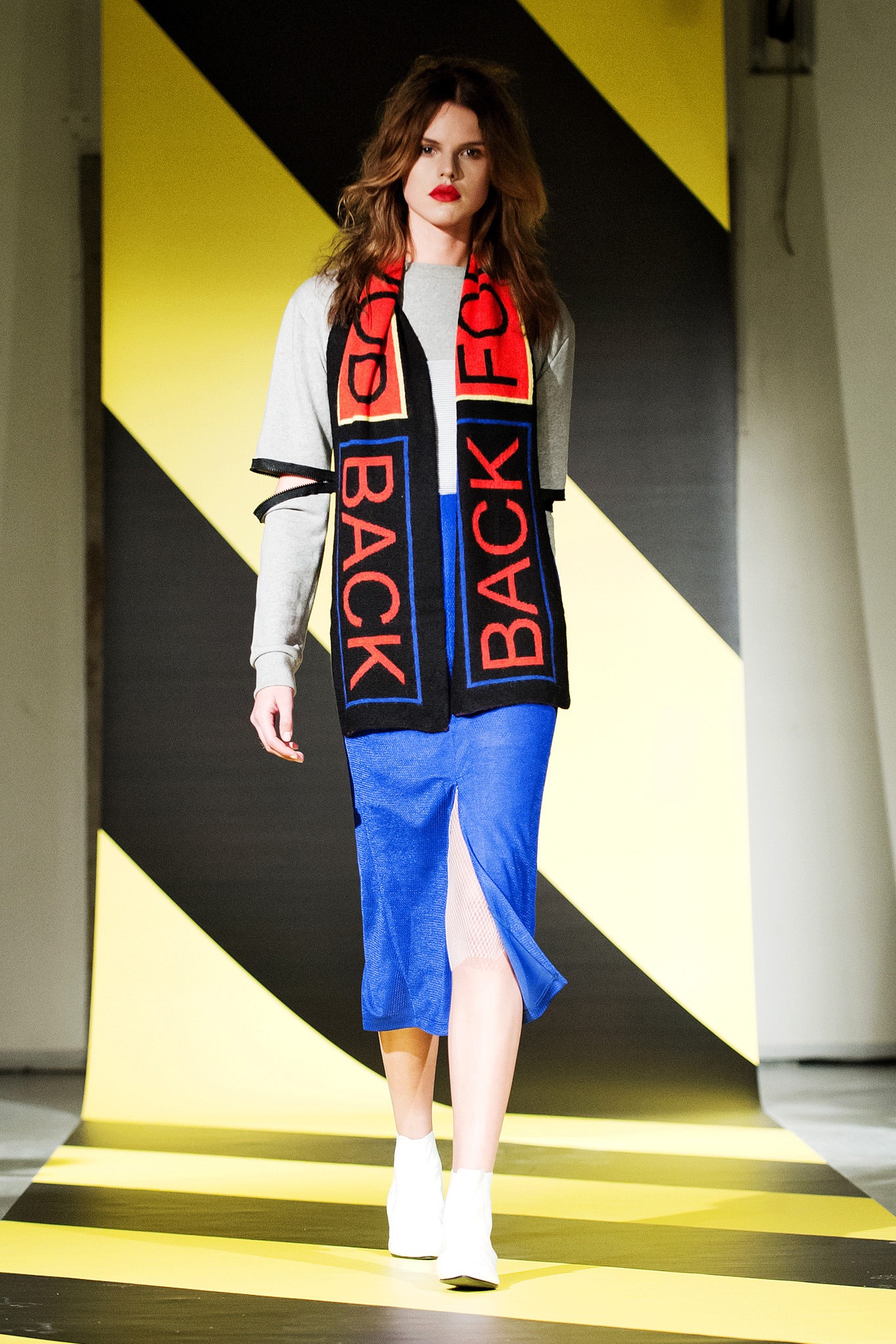 gray top blue midi skirt