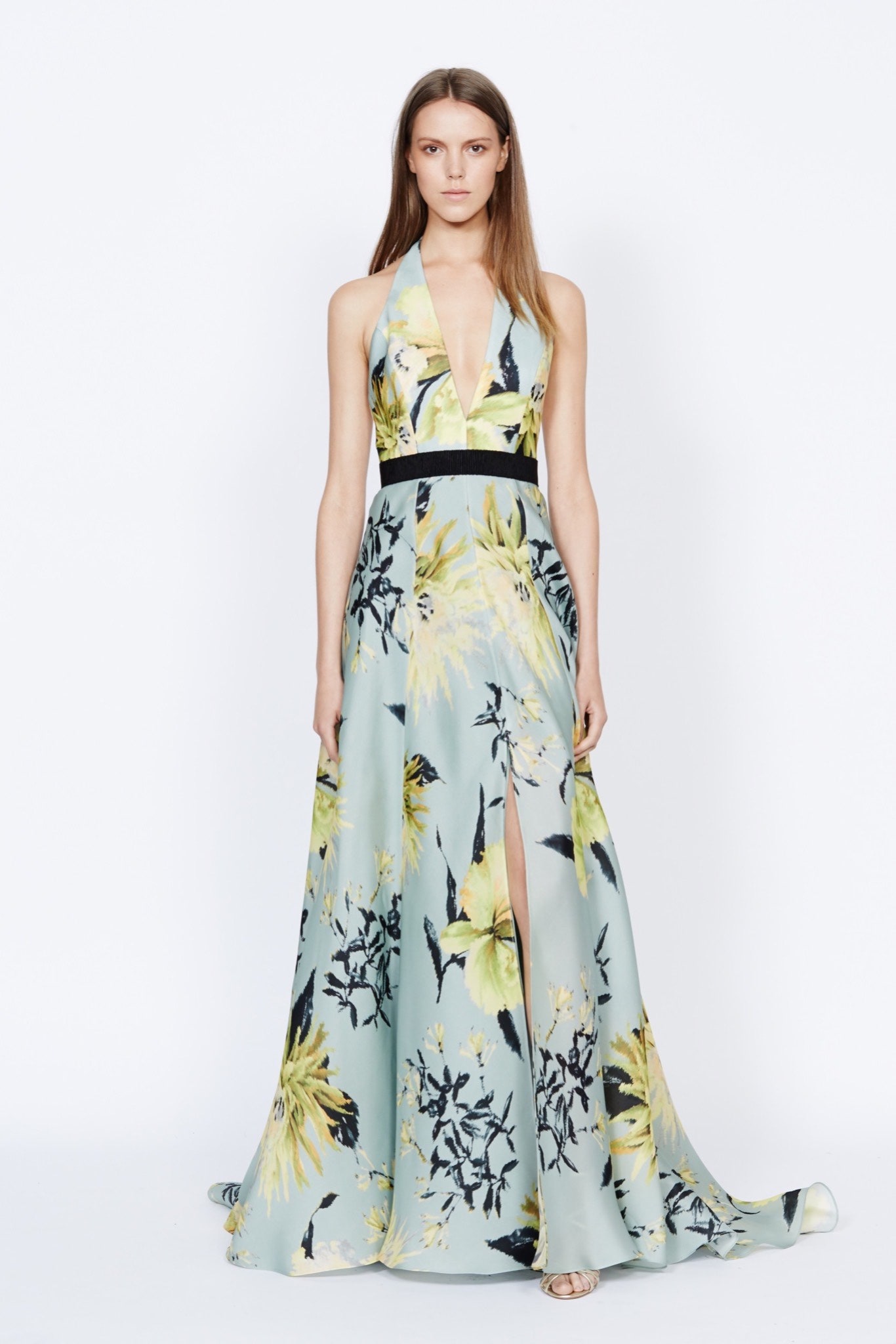 blue floral silk gown