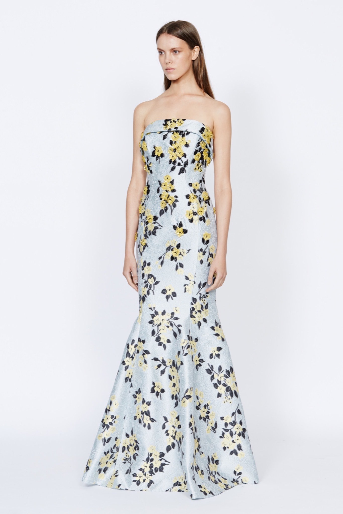 blue floral strapless gown