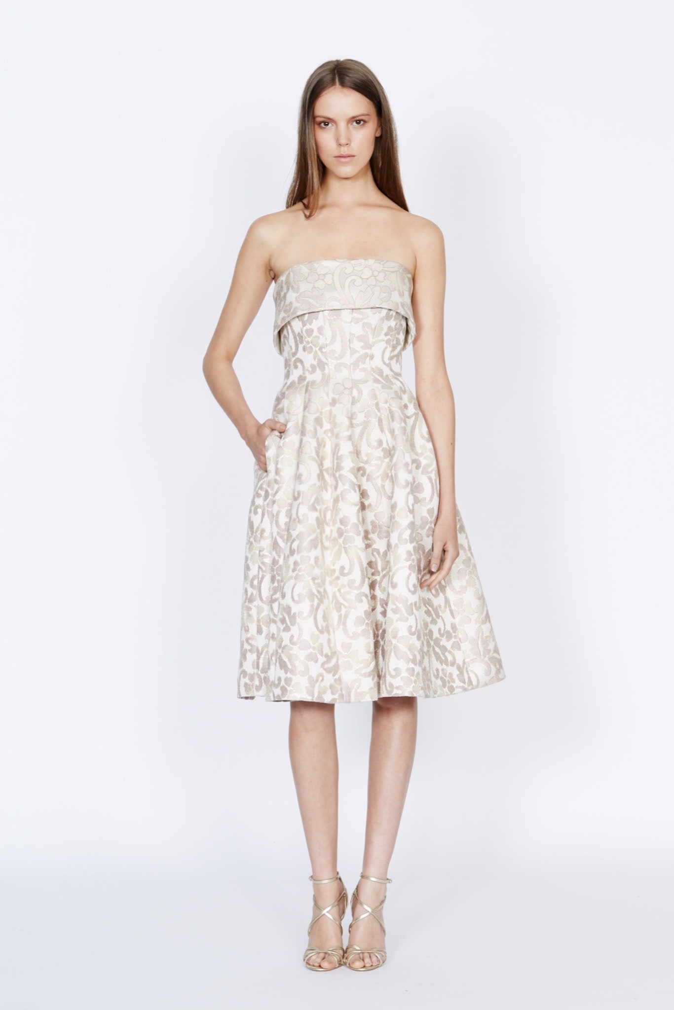 beige embroidered strapless dress