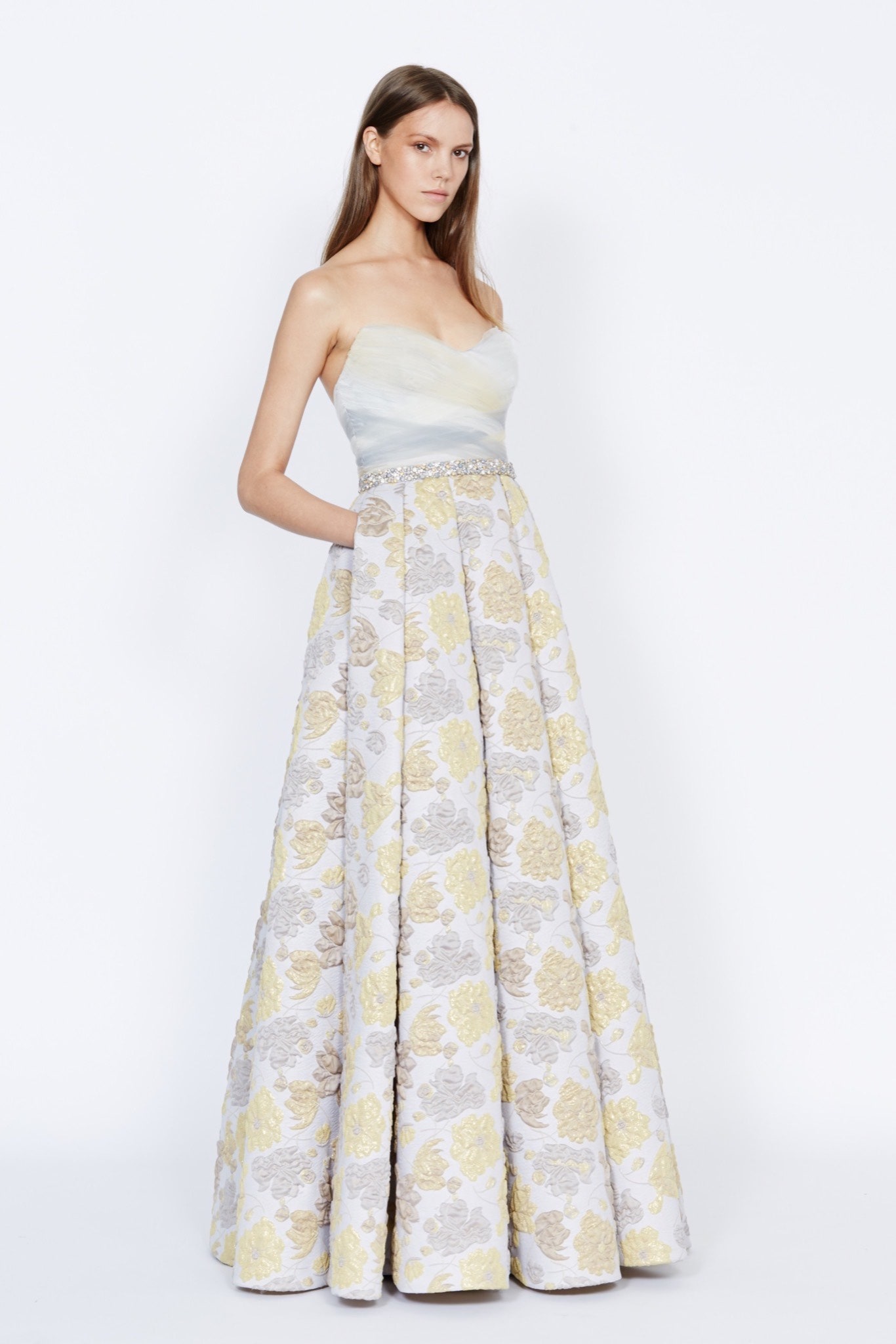 white and yellow embroidered gown