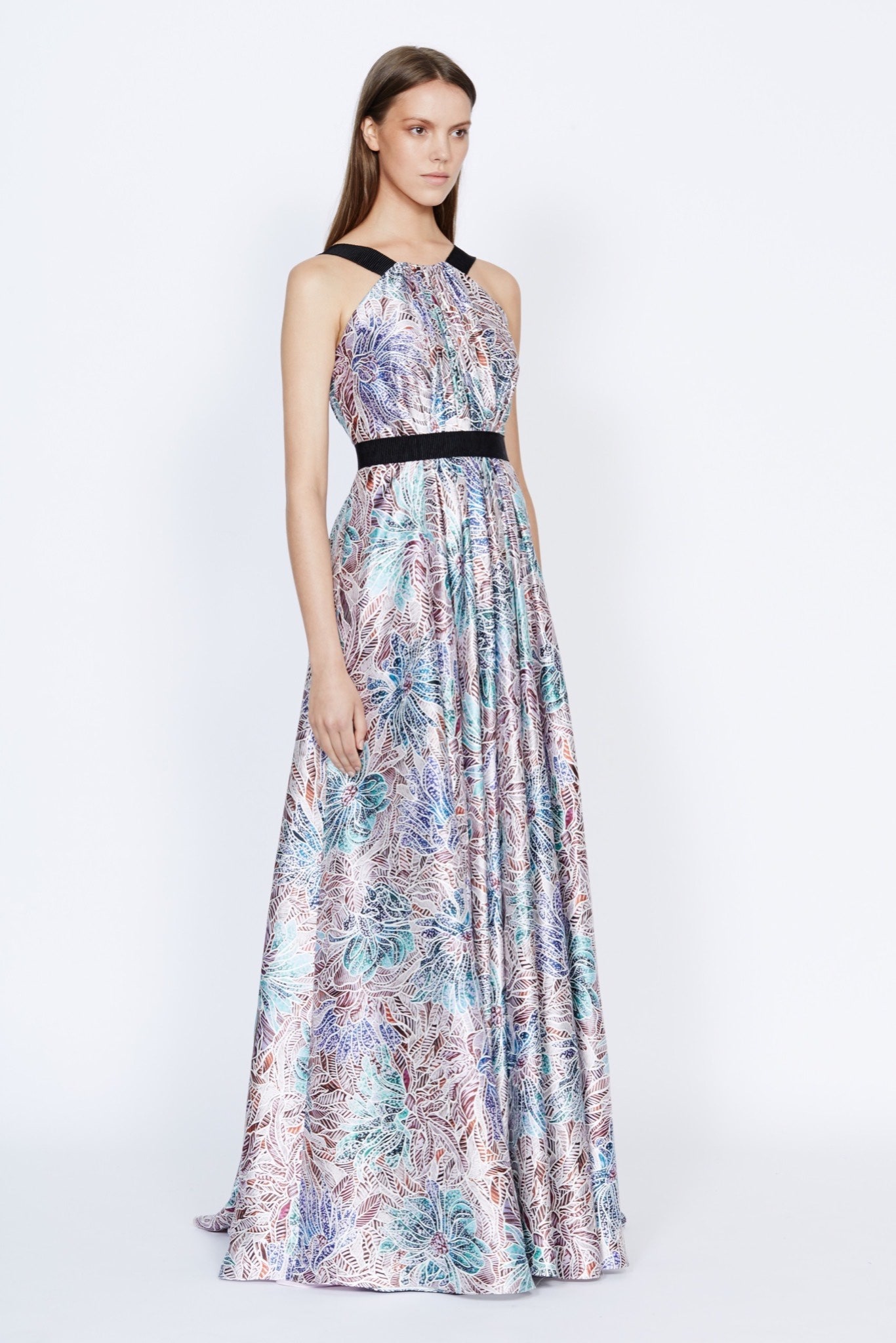 multi-colored silk halter gown