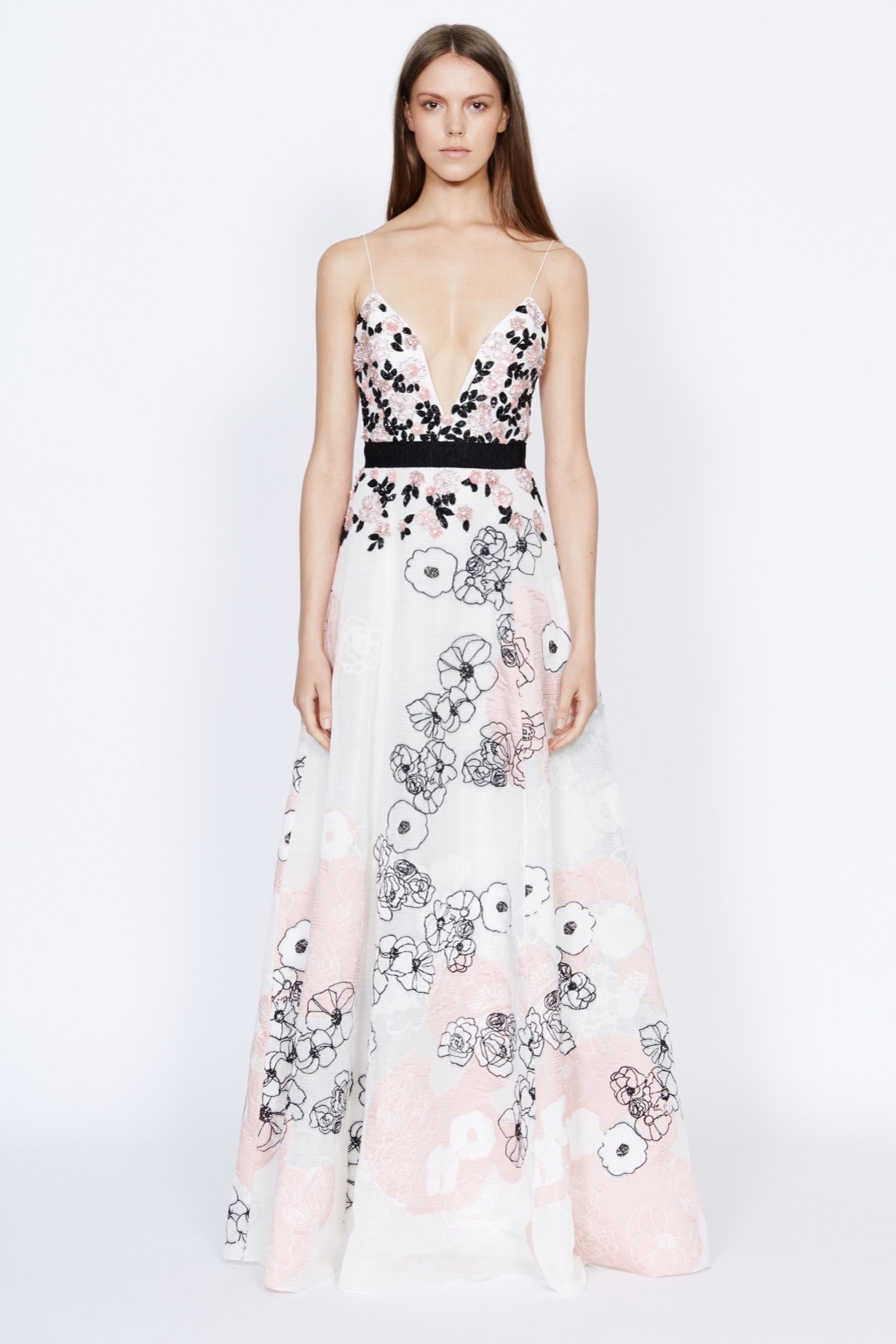 white pink black embroidered gown