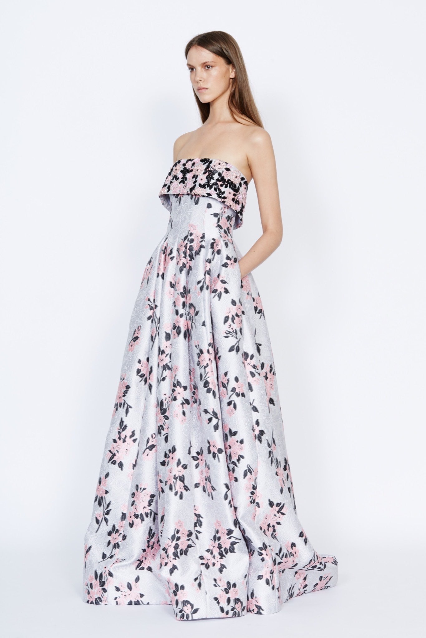 floral strapless silk gown