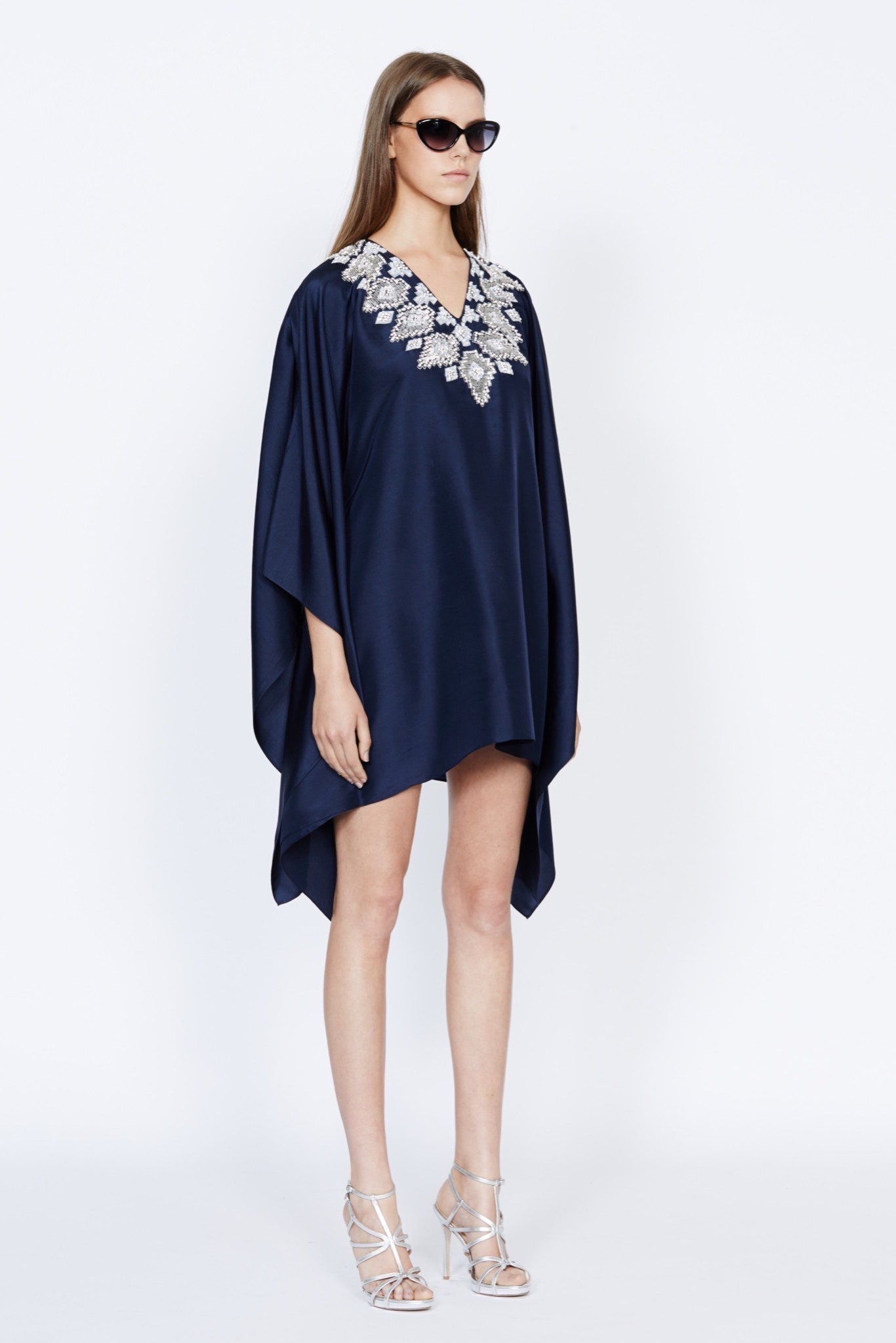 navy silk embroidered dress