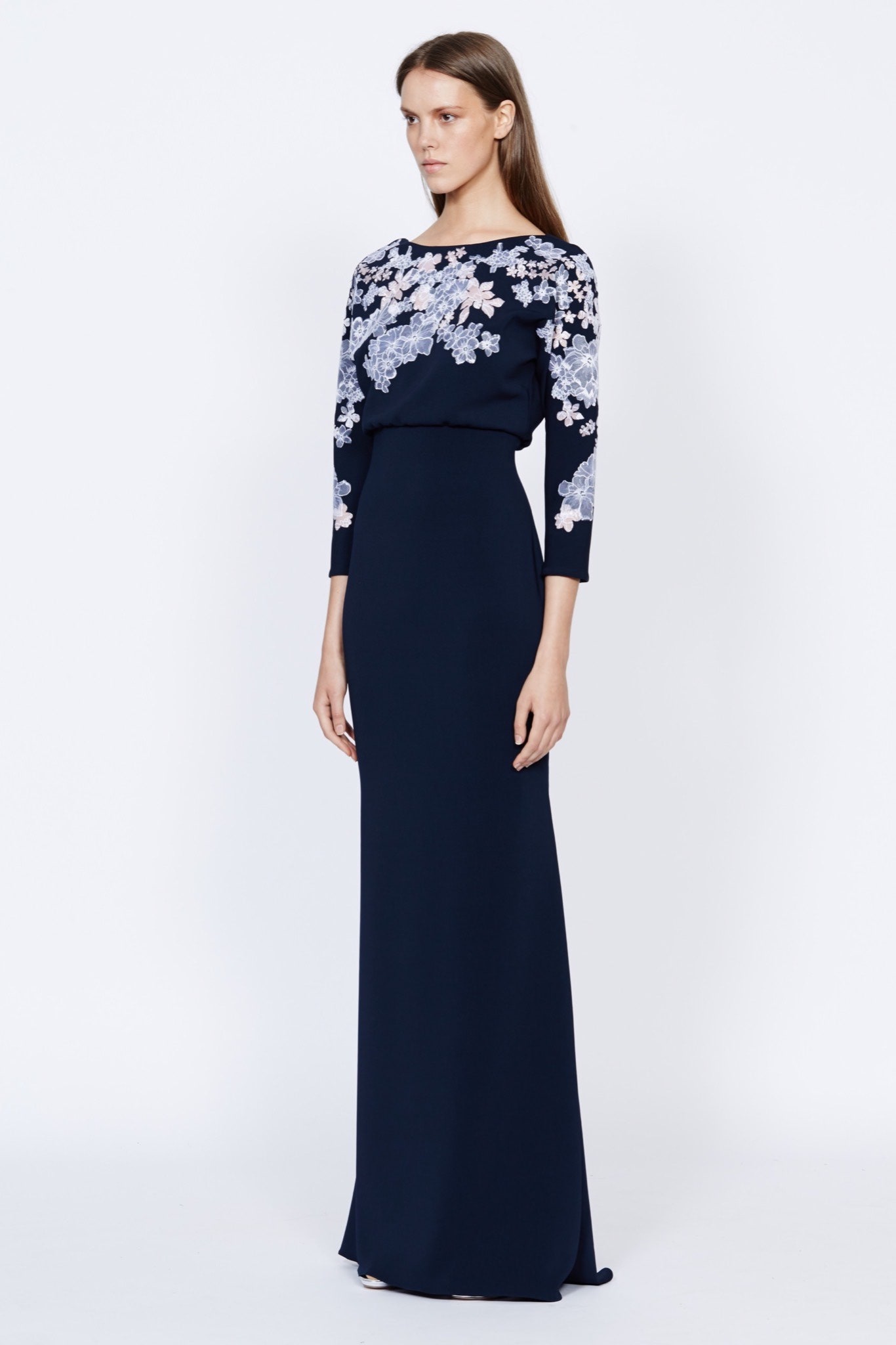 navy silk embroidered gown