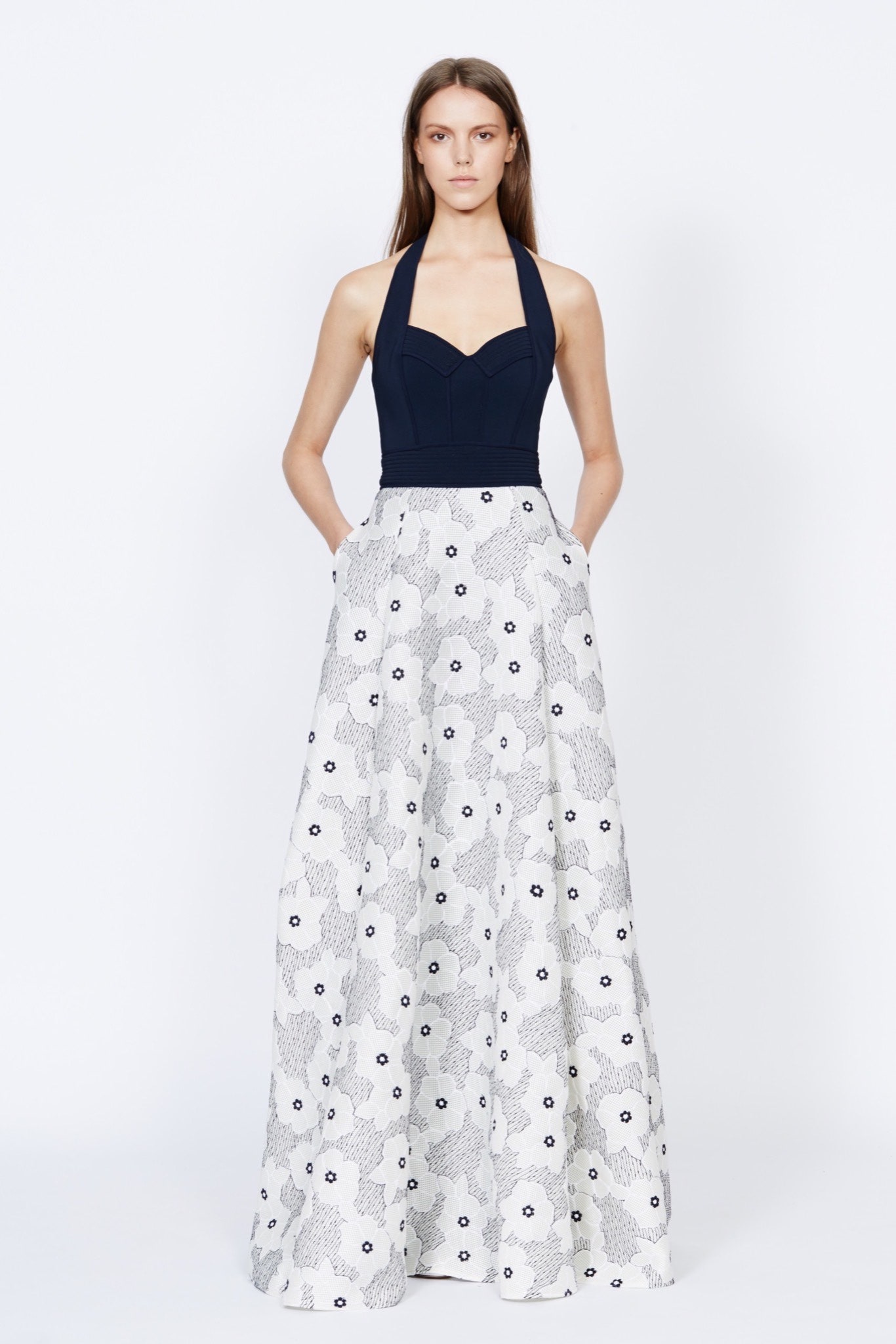 navy floral halterneck gown