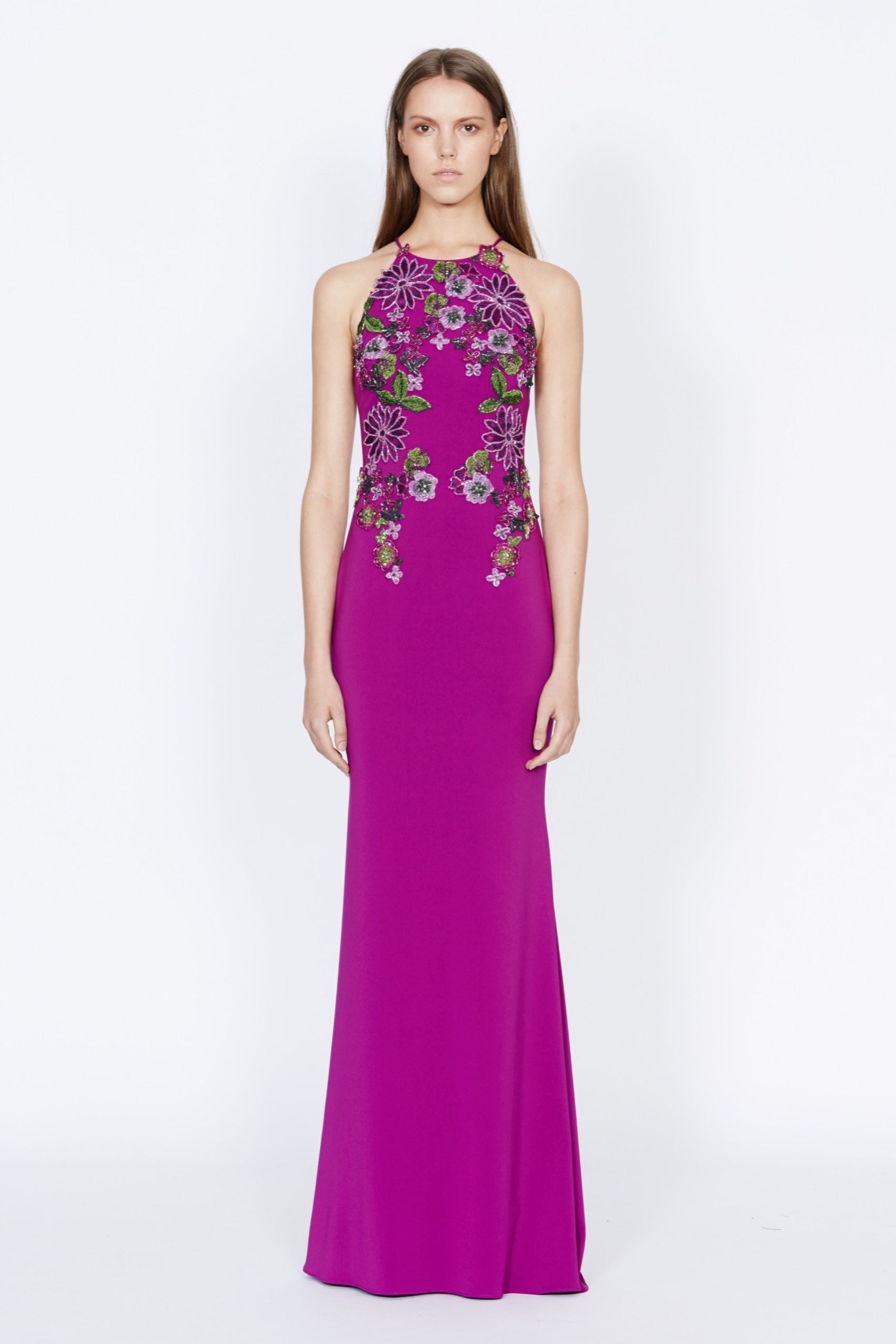 fitted purple embroidered gown