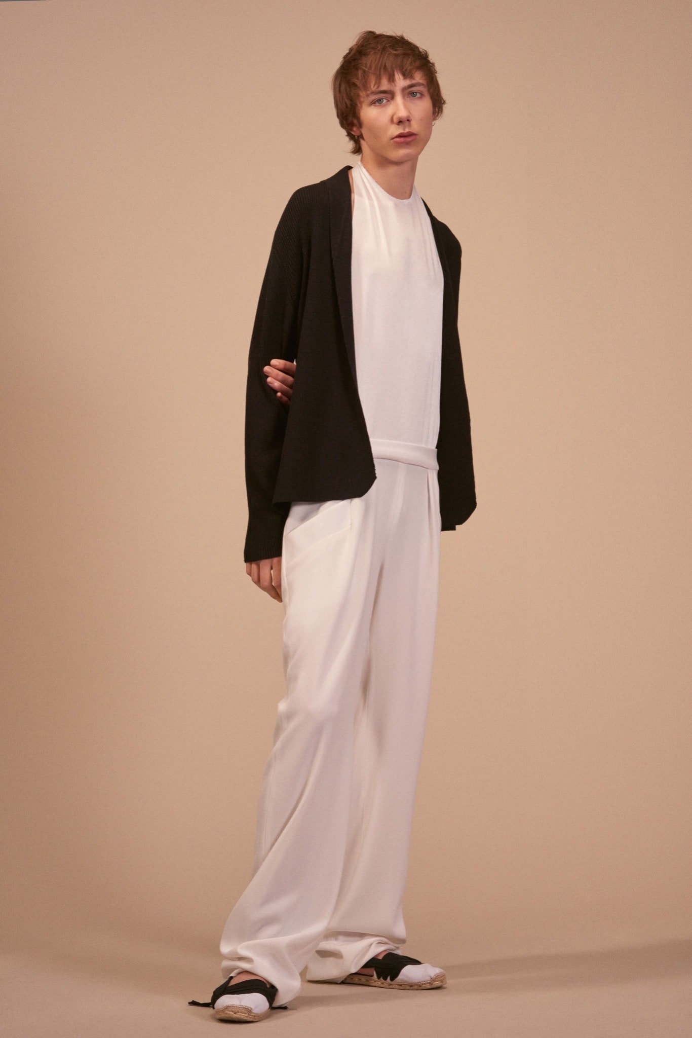 black cardigan white t-shirt pants