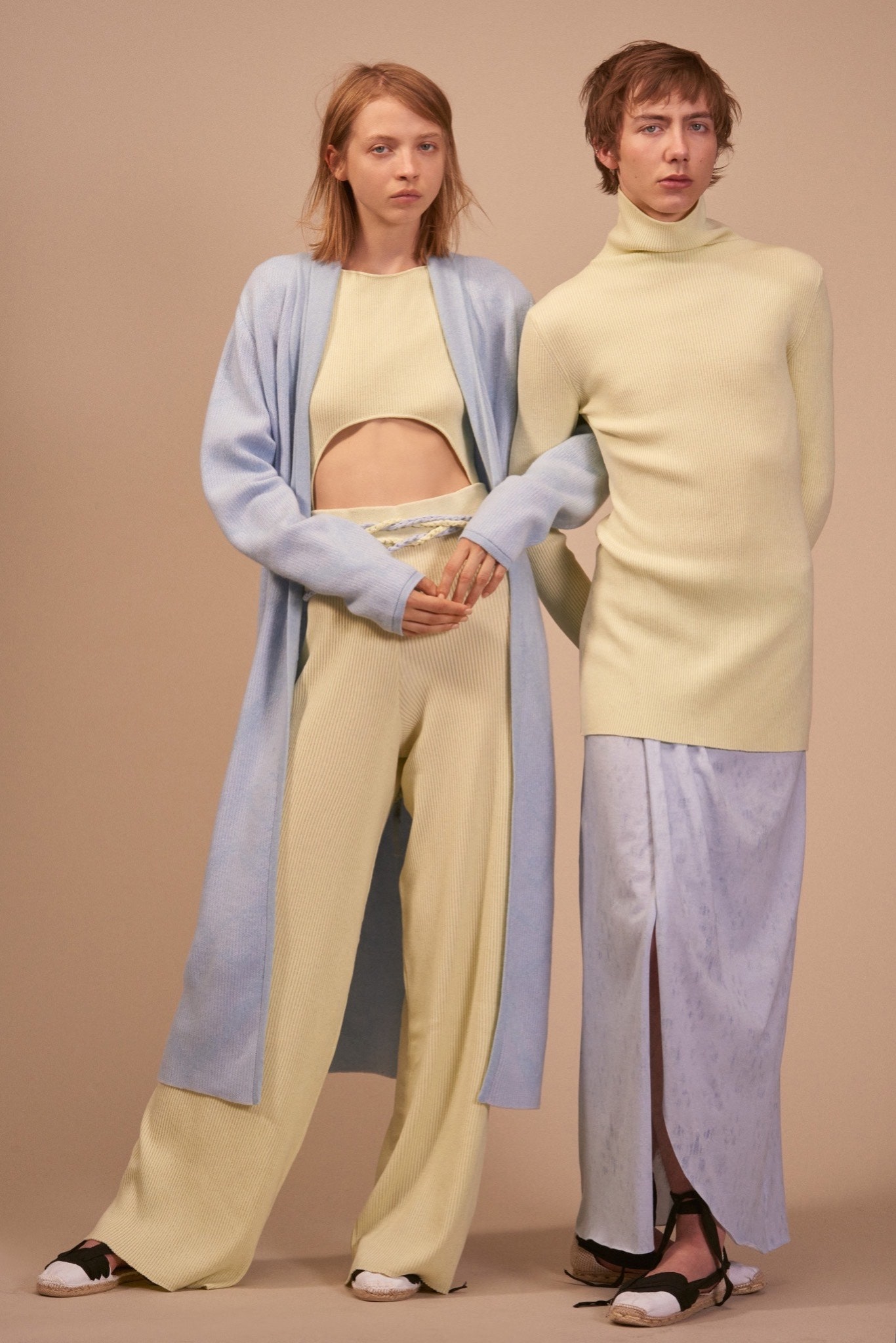 blue cardigan beige crop-top pants yellow dress