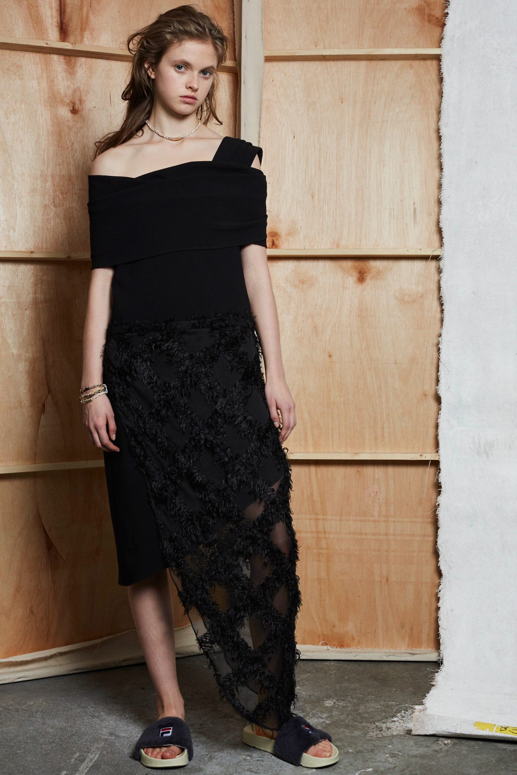 black off-shoulder midi dress