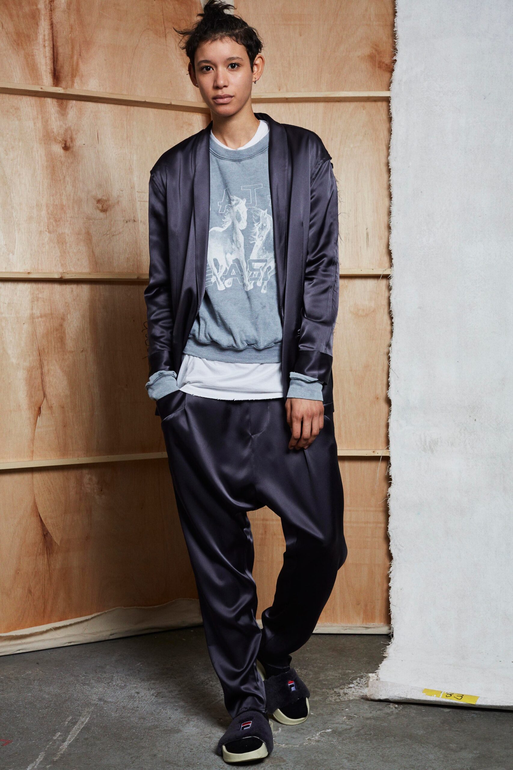 black satin relaxed jacket and pants
