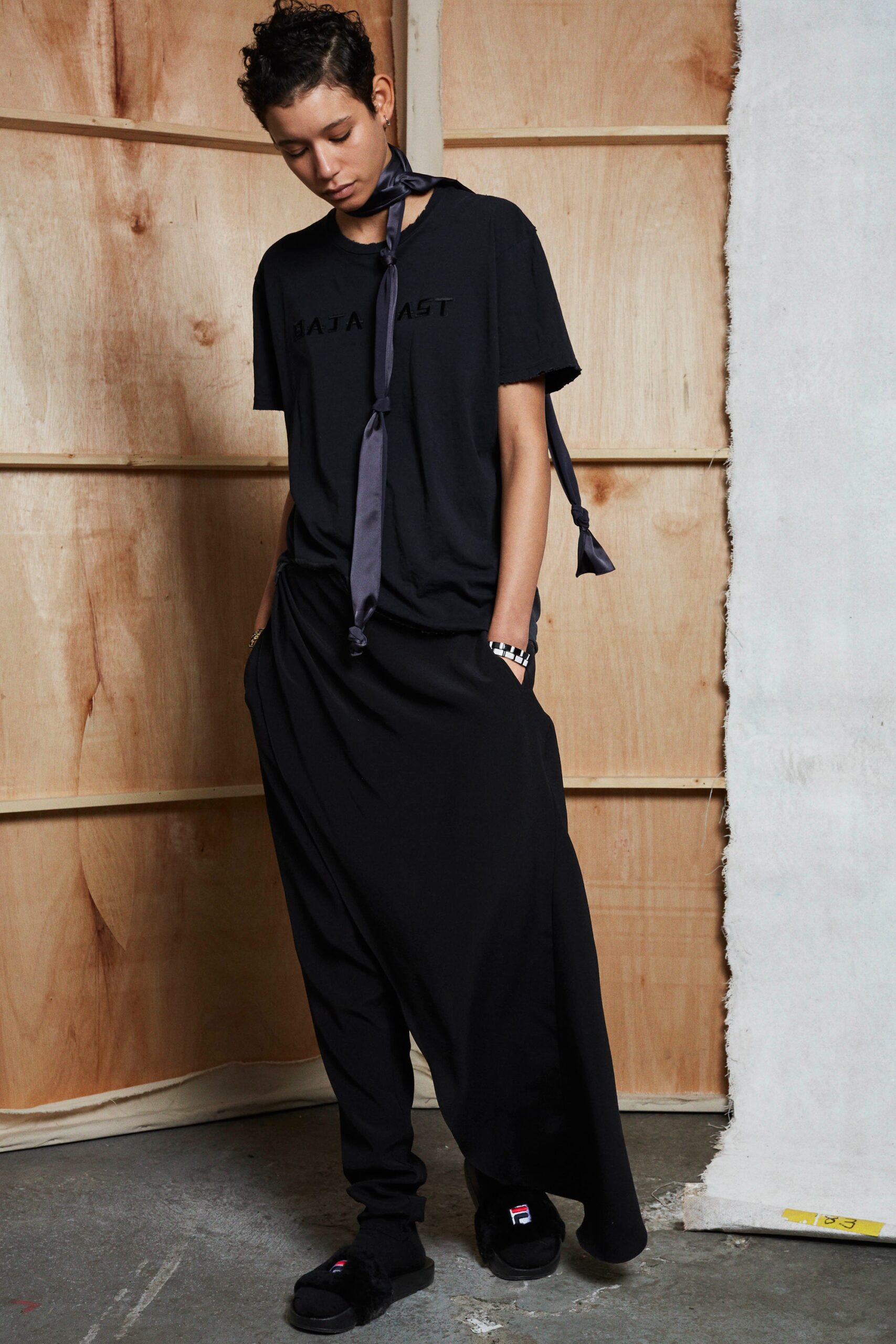 black relaxed t-shirt and maxi skirt