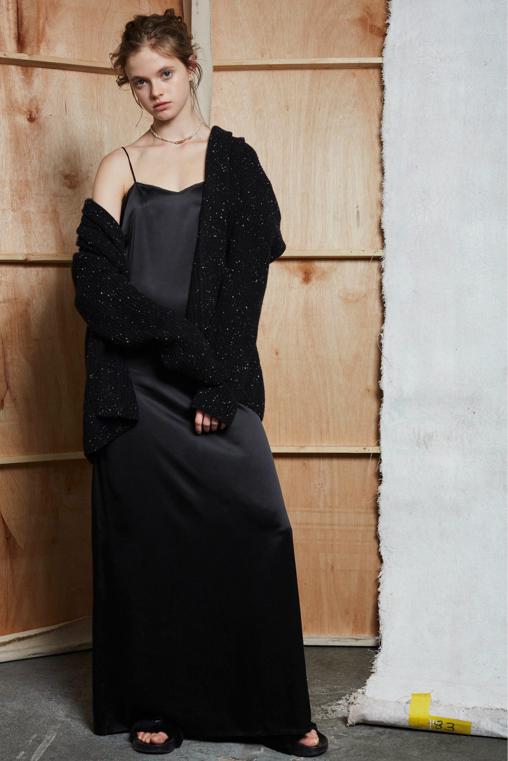 black silk maxi dress and cardigan