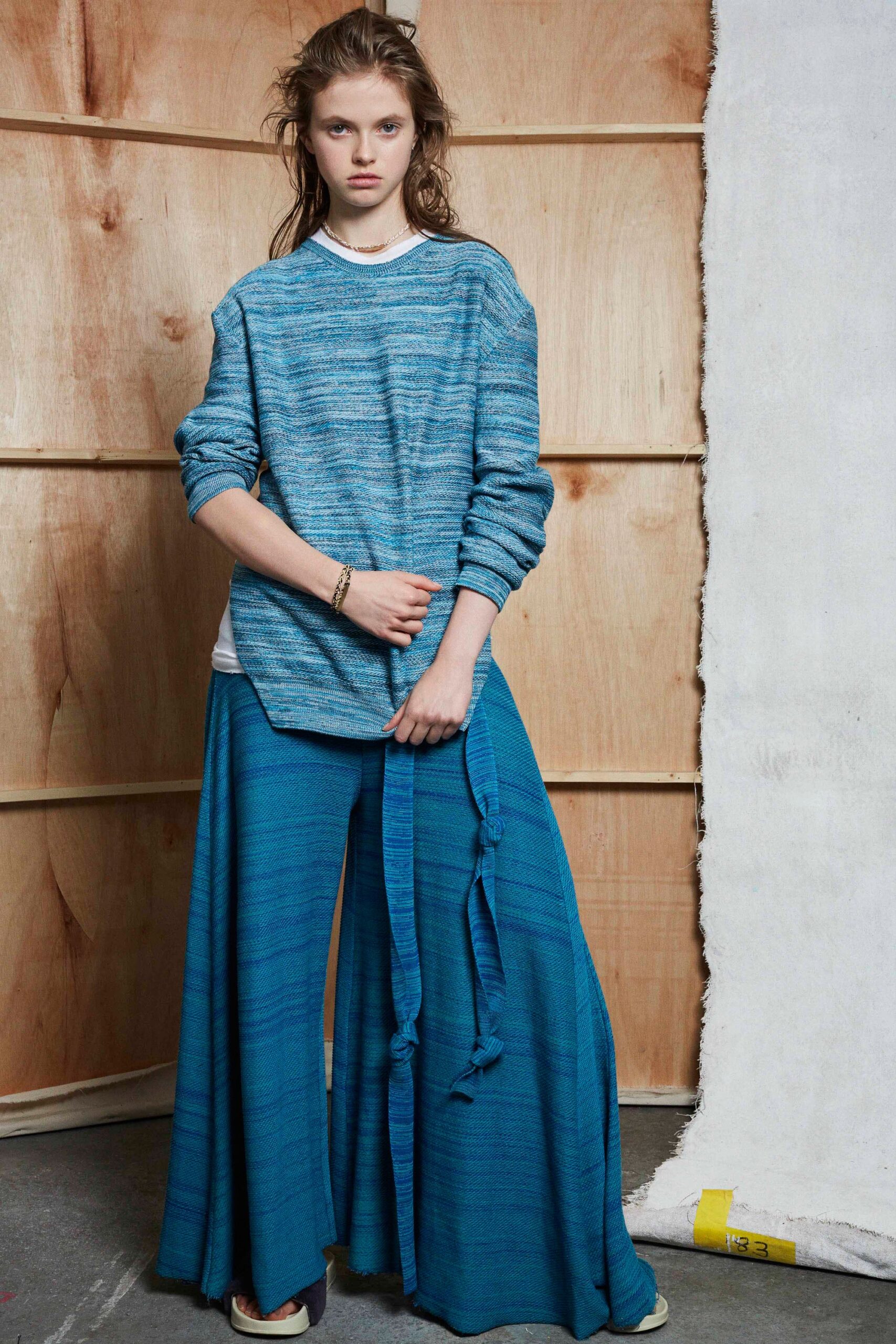 blue relaxed top and wide-leg pants