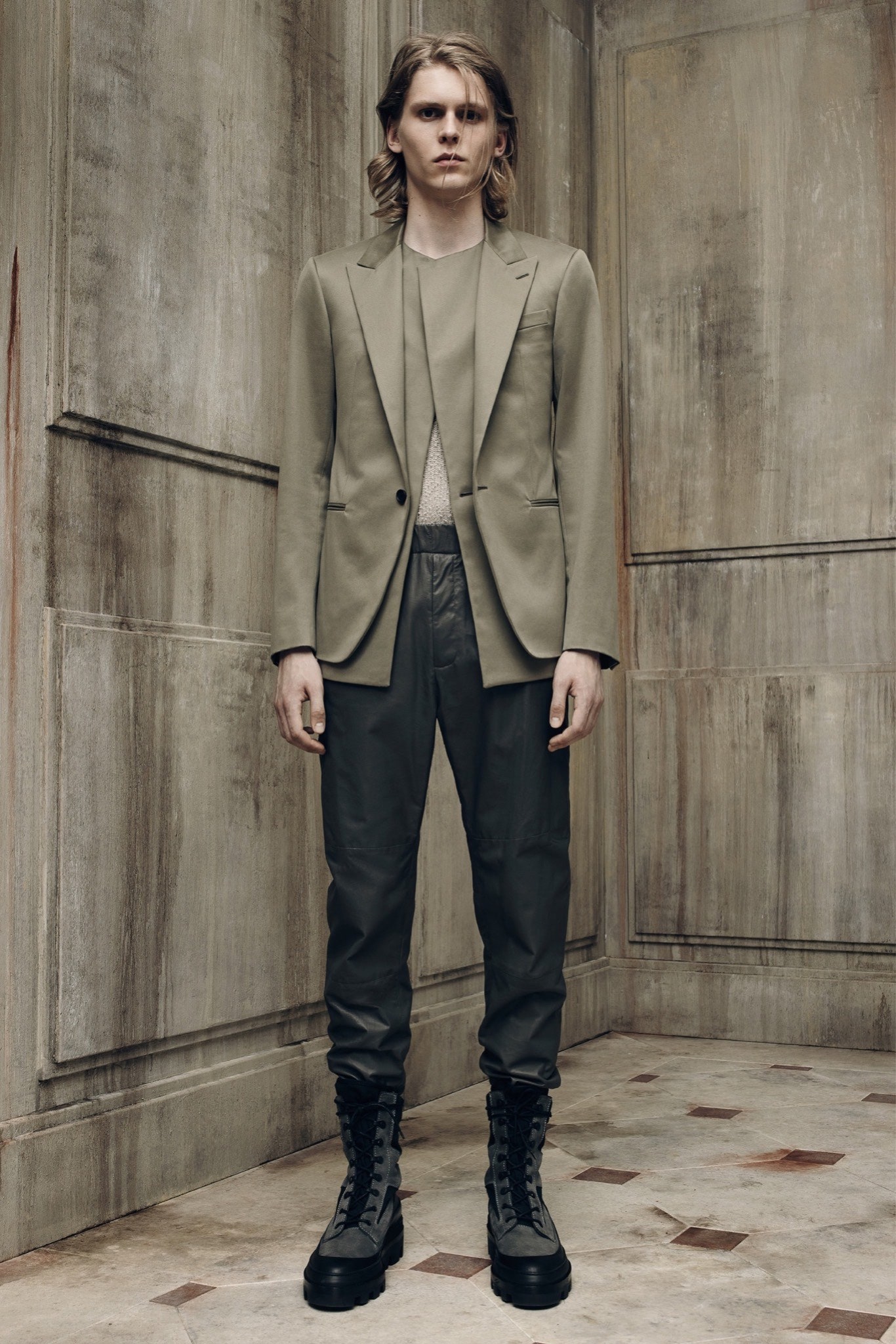 beige tailored blazer gray pants