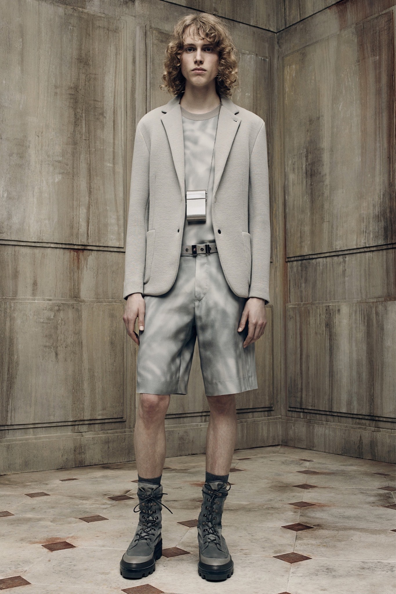 gray blazer with relaxed t-shirt and shorts