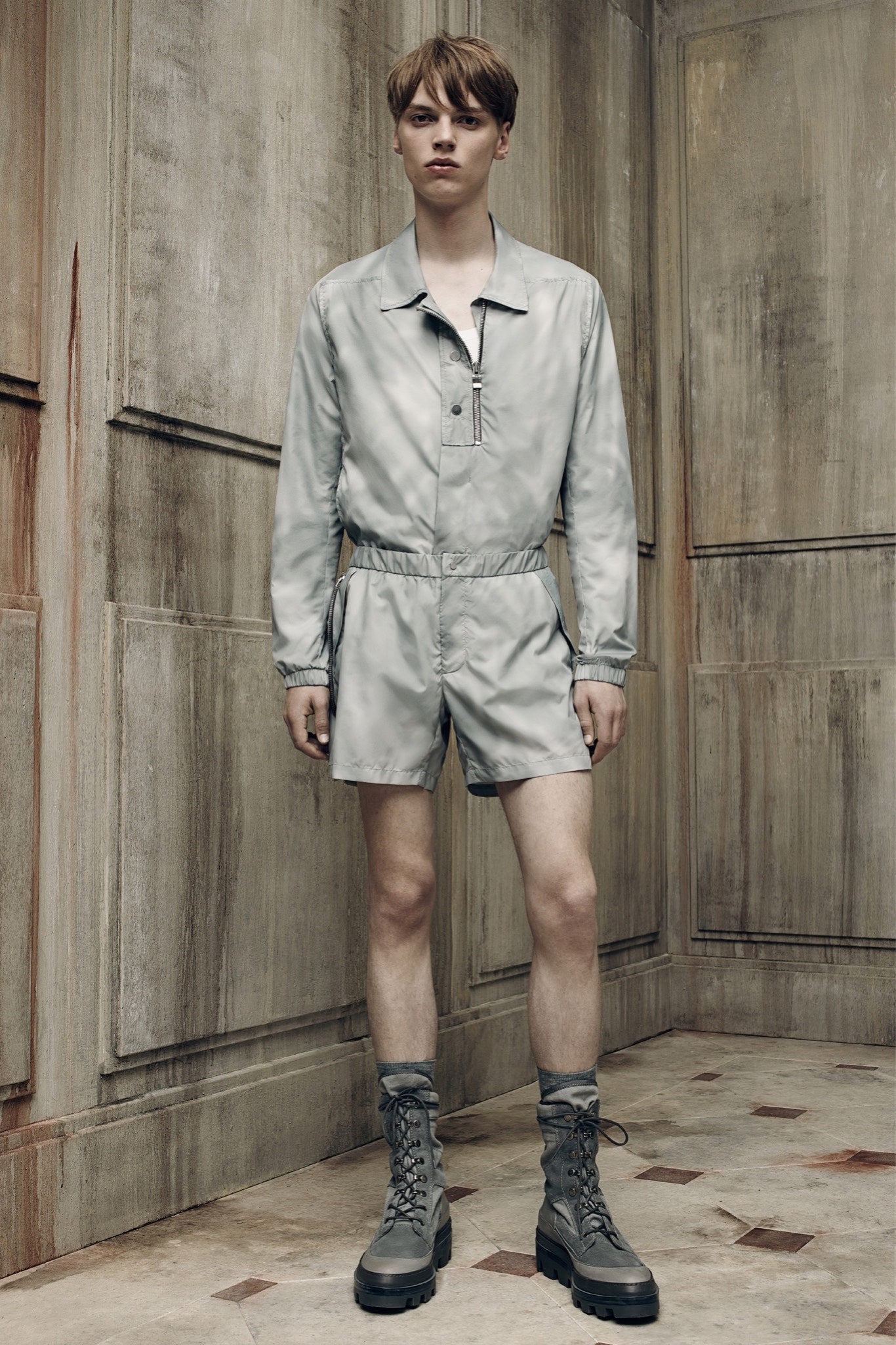 gray silk long-sleeve romper with boots