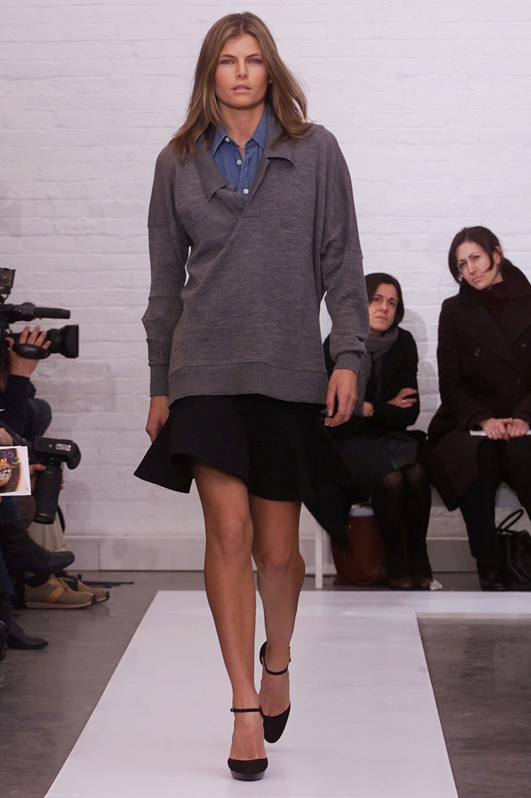 gray cotton long-sleeve collared relaxed draped sweater