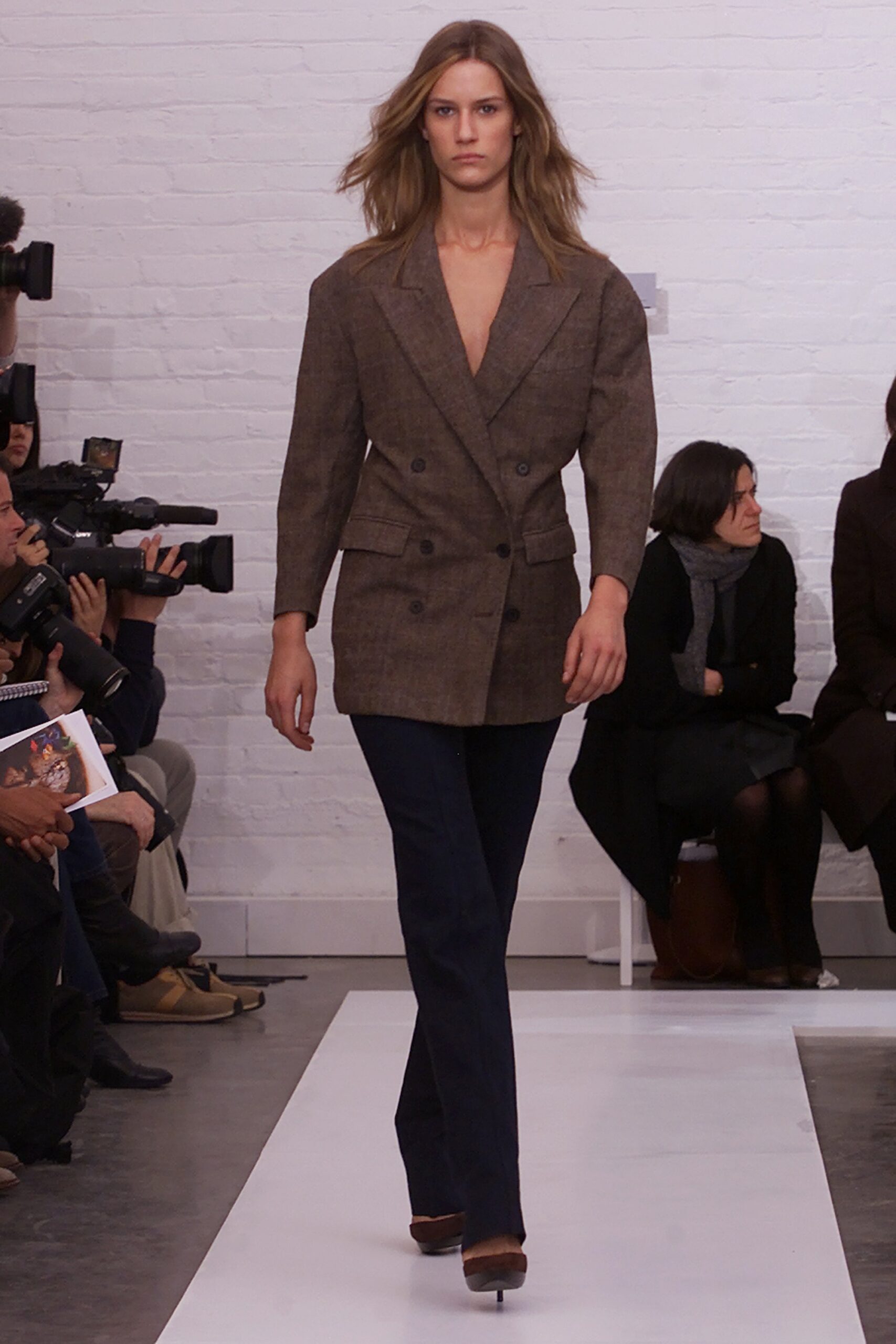 brown tweed tailored blazer with navy pants