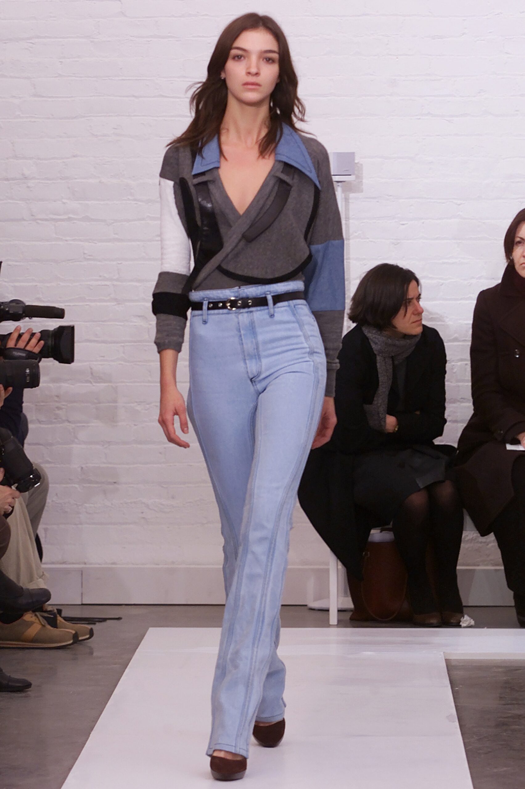 fitted gray and blue top with denim pants