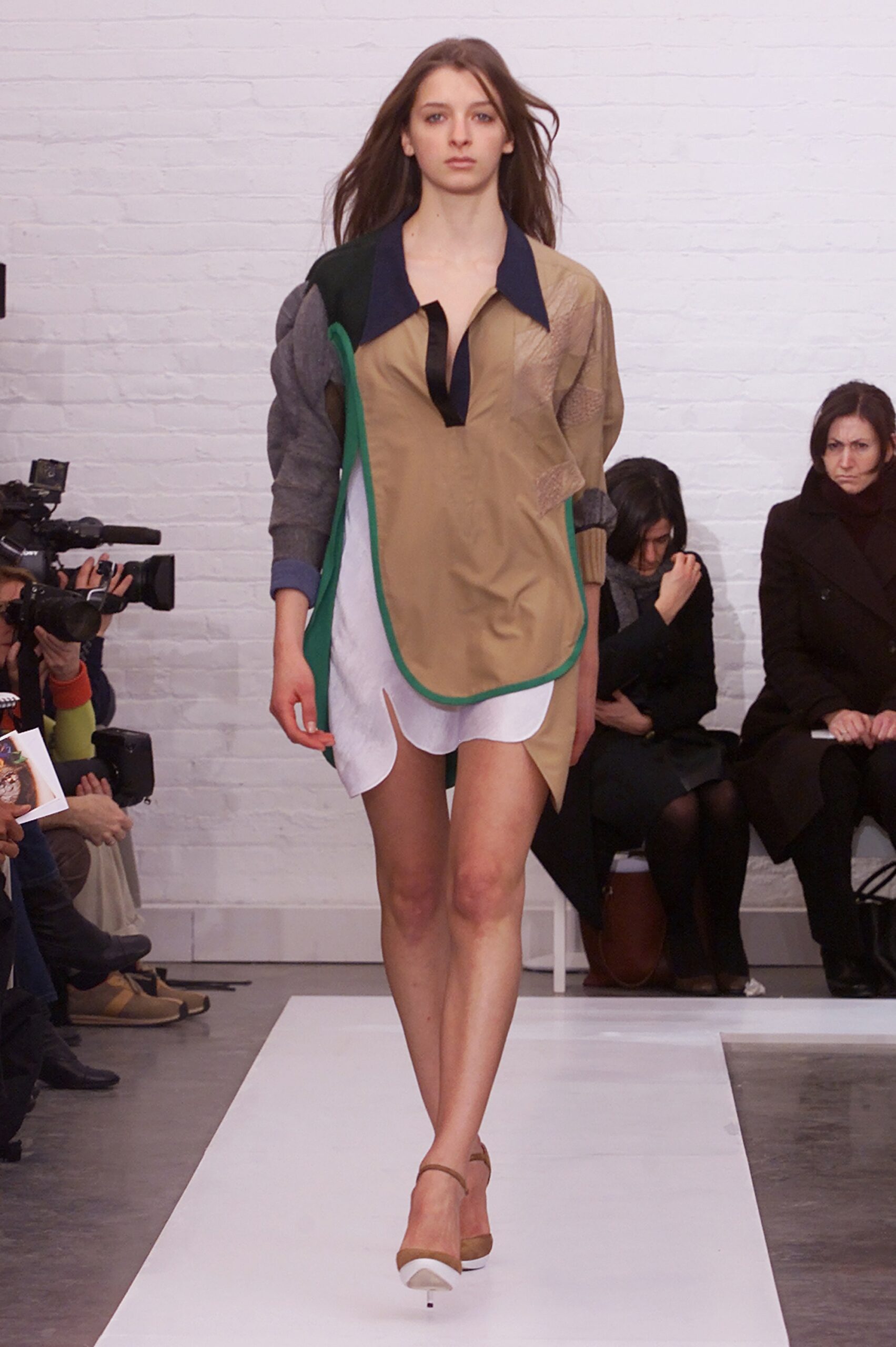 beige cotton long-sleeve collared relaxed layered short shirt