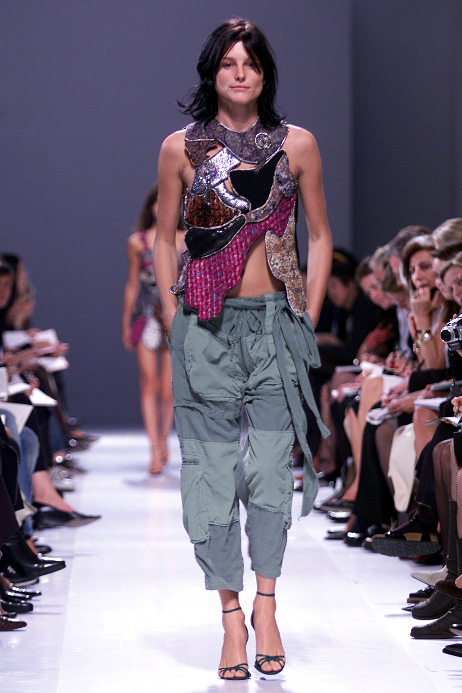 multi-colored fitted top with cargo pants