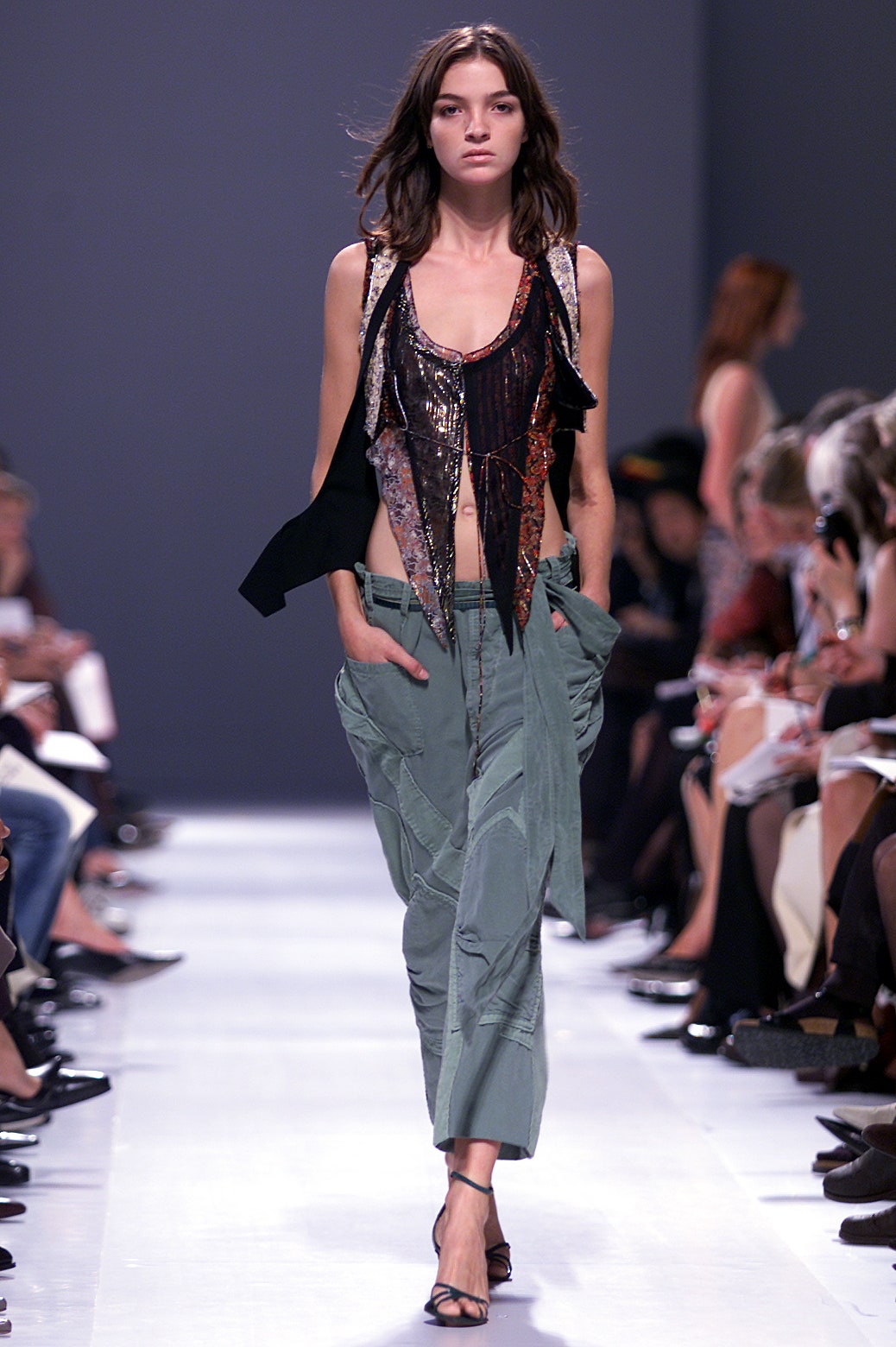 black and red layered top with cargo pants