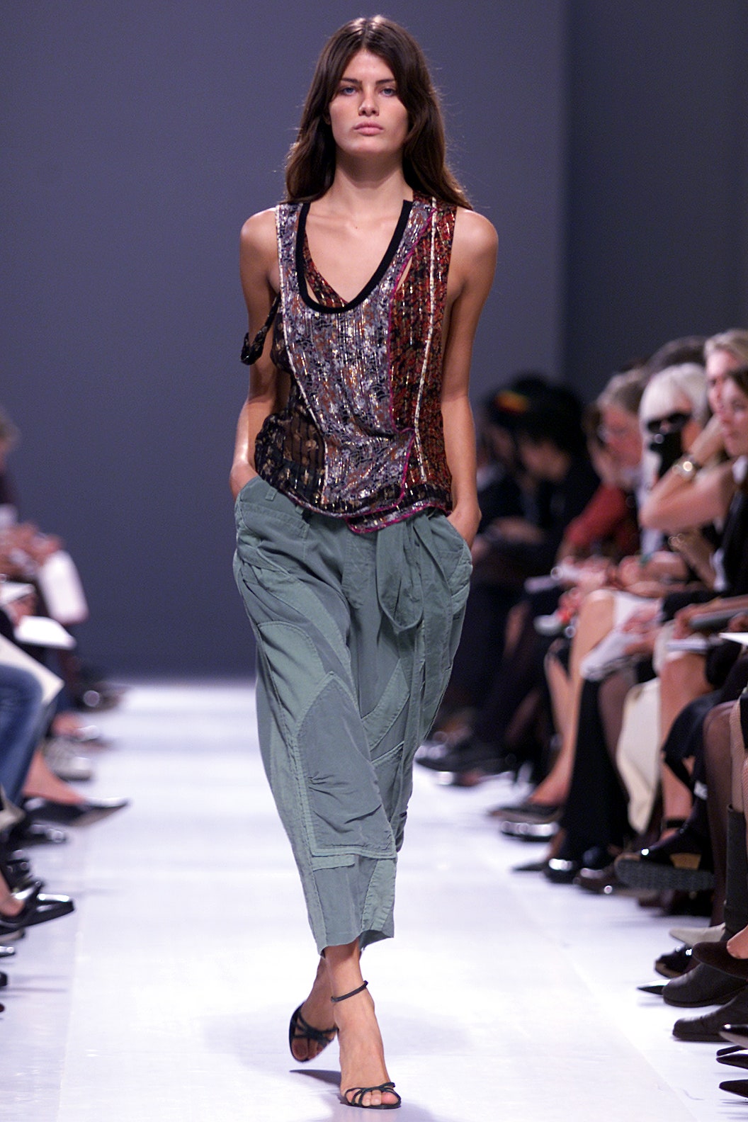 multi sequined sleeveless top and relaxed cargo pants