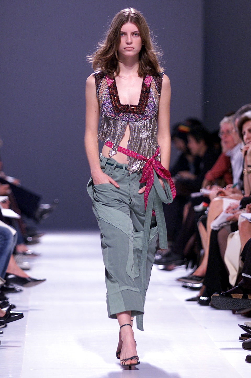 multi-colored fringed top with cargo pants