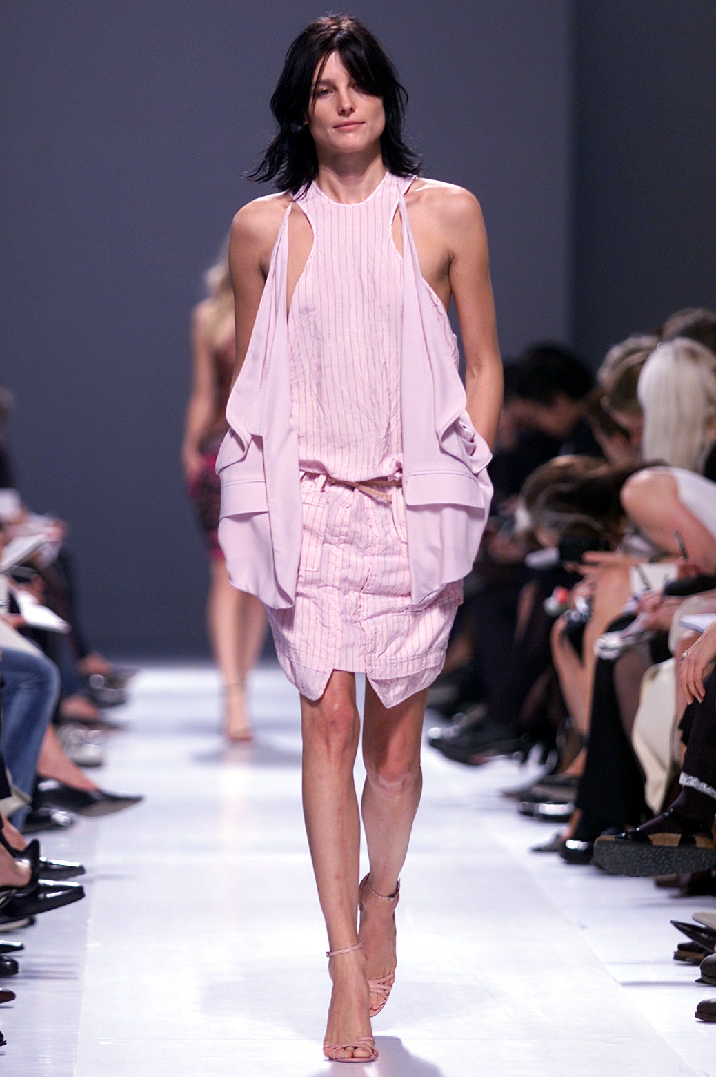 pink pleated mini dress with draped jacket