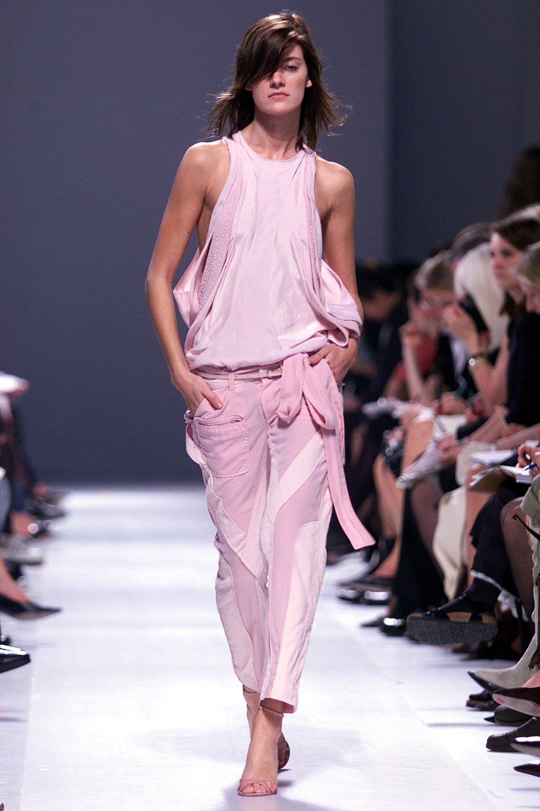 pink silk top and fitted pants