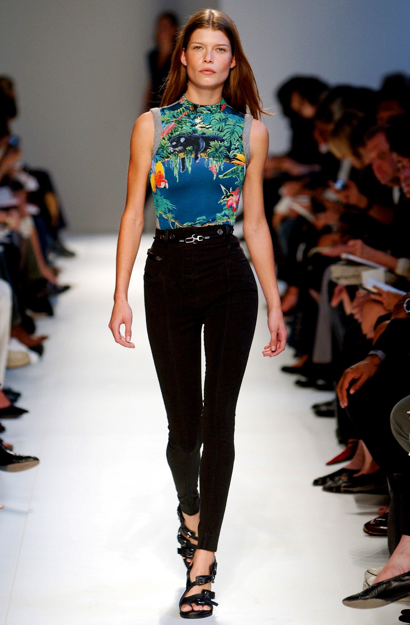 fitted blue green printed top with black pants