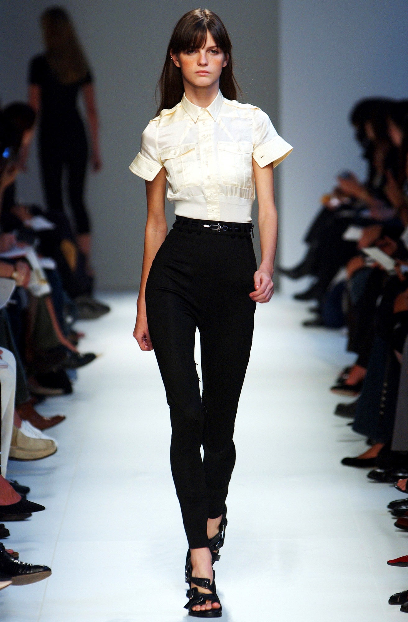 white fitted shirt black pants