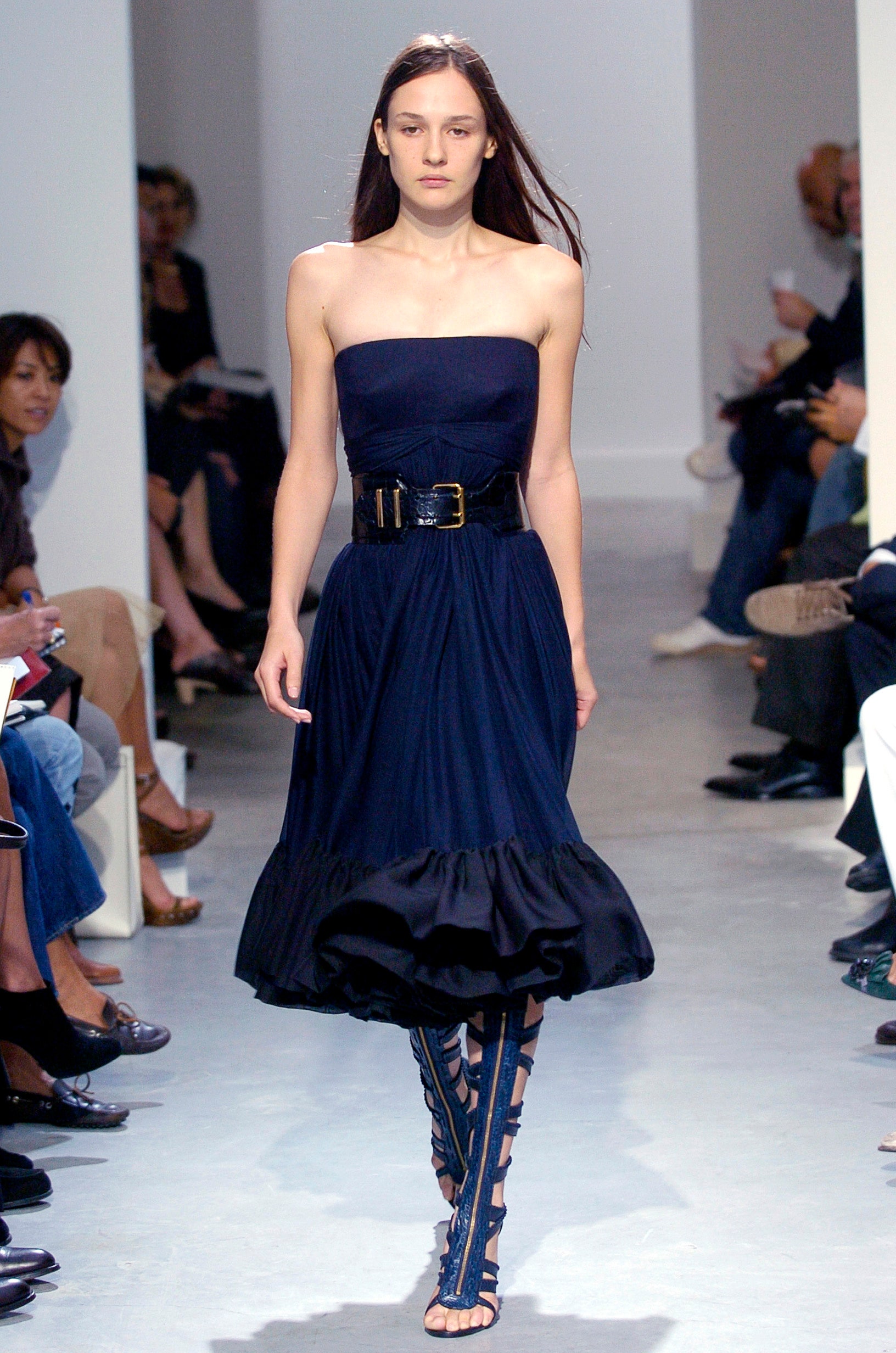 blue silk strapless fitted a-line belted flowing dress