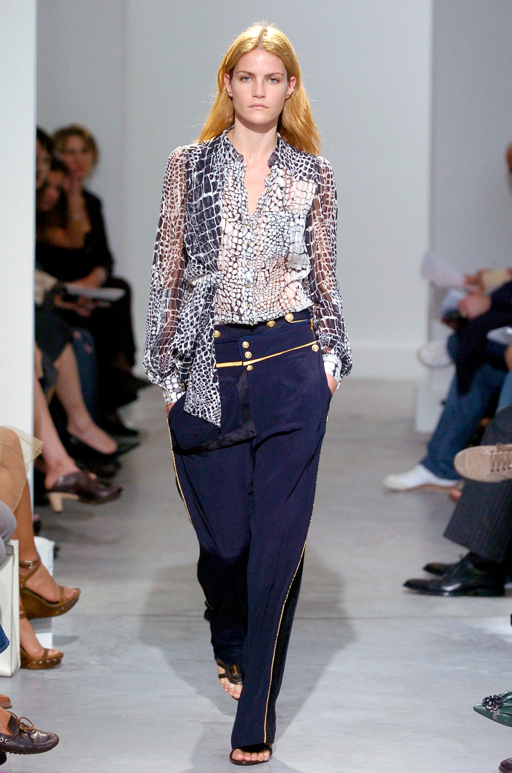 multi printed silk blouse and navy tailored pants