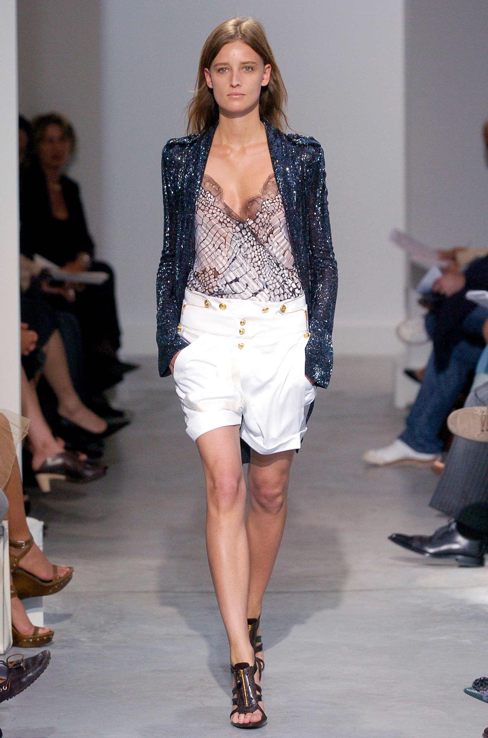 blue sequined blazer with lace bodysuit