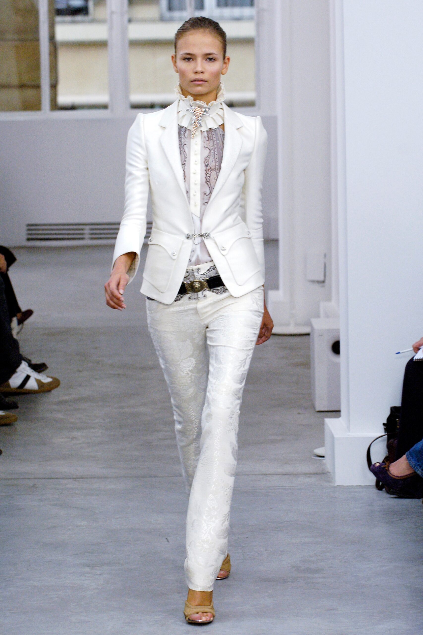 white silk long-sleeve collared fitted ruffled shirt